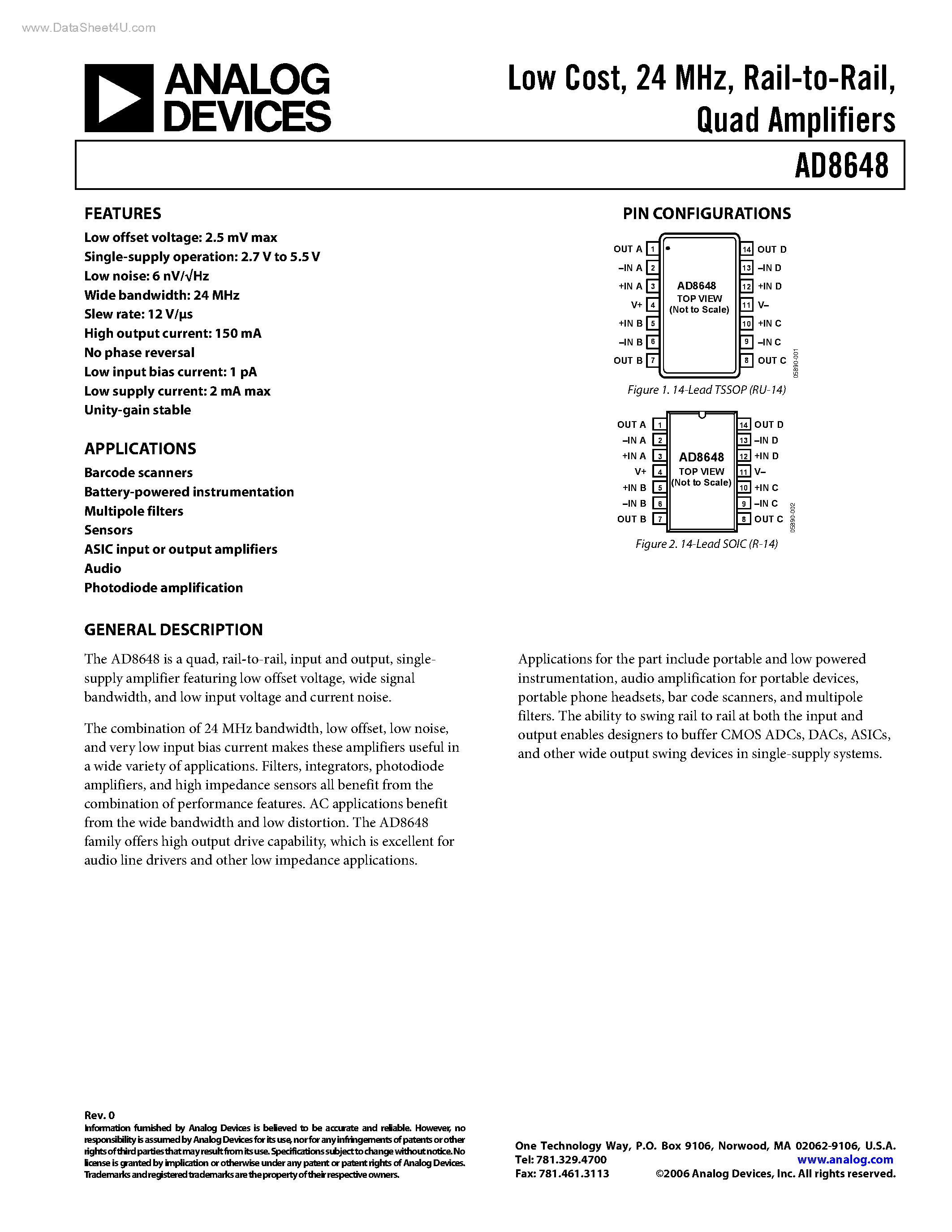 Datasheet AD8648 - Quad Amplifiers page 1