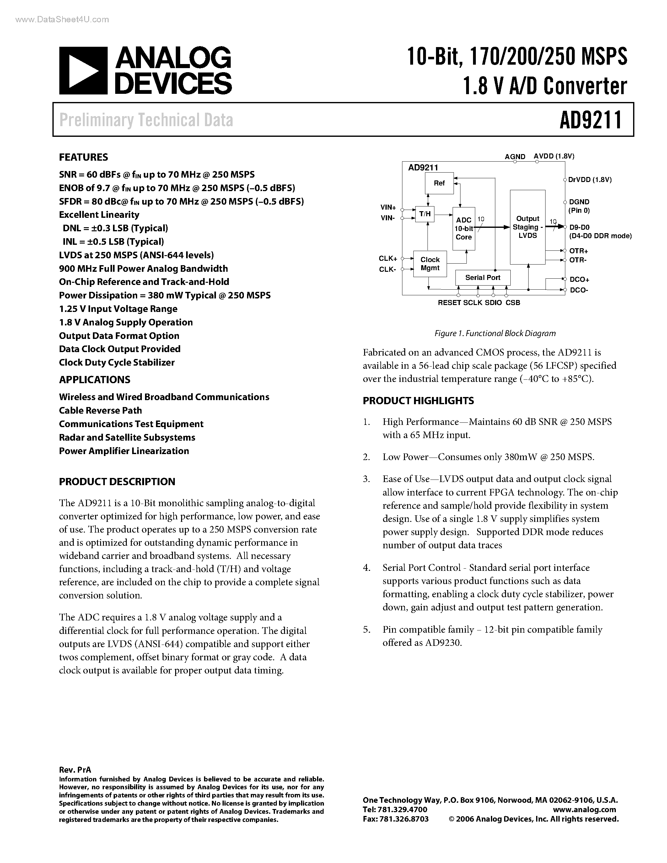 Datasheet AD9211 - A/D Converter page 1