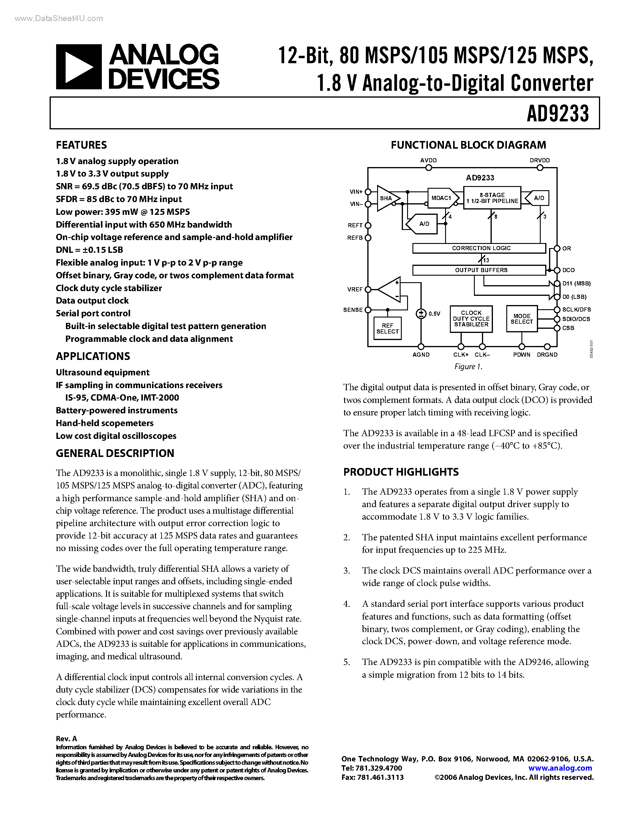 Datasheet AD9233 - Analog-to-Digital Converter page 1