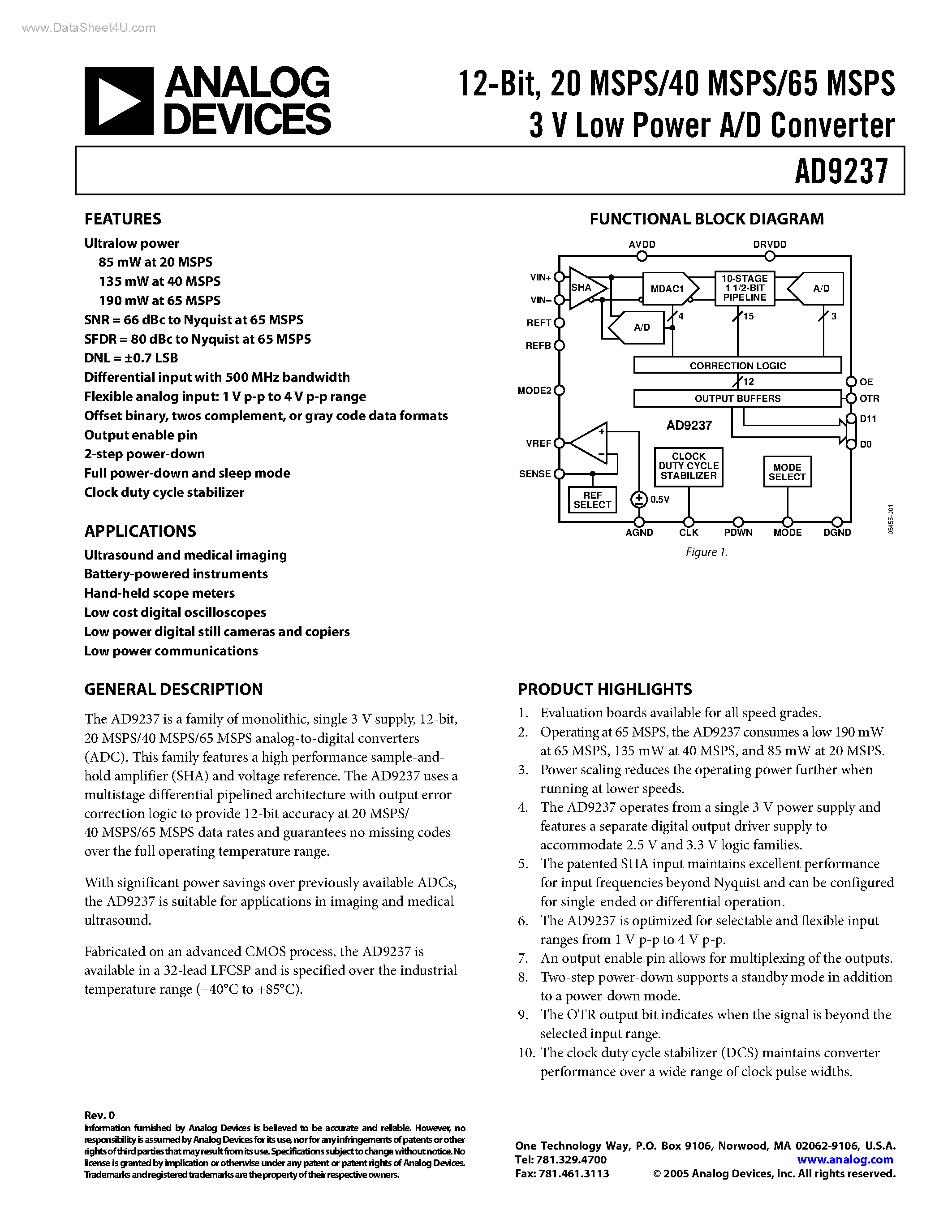 Datasheet AD9237 - Low Power A/D Converter page 1