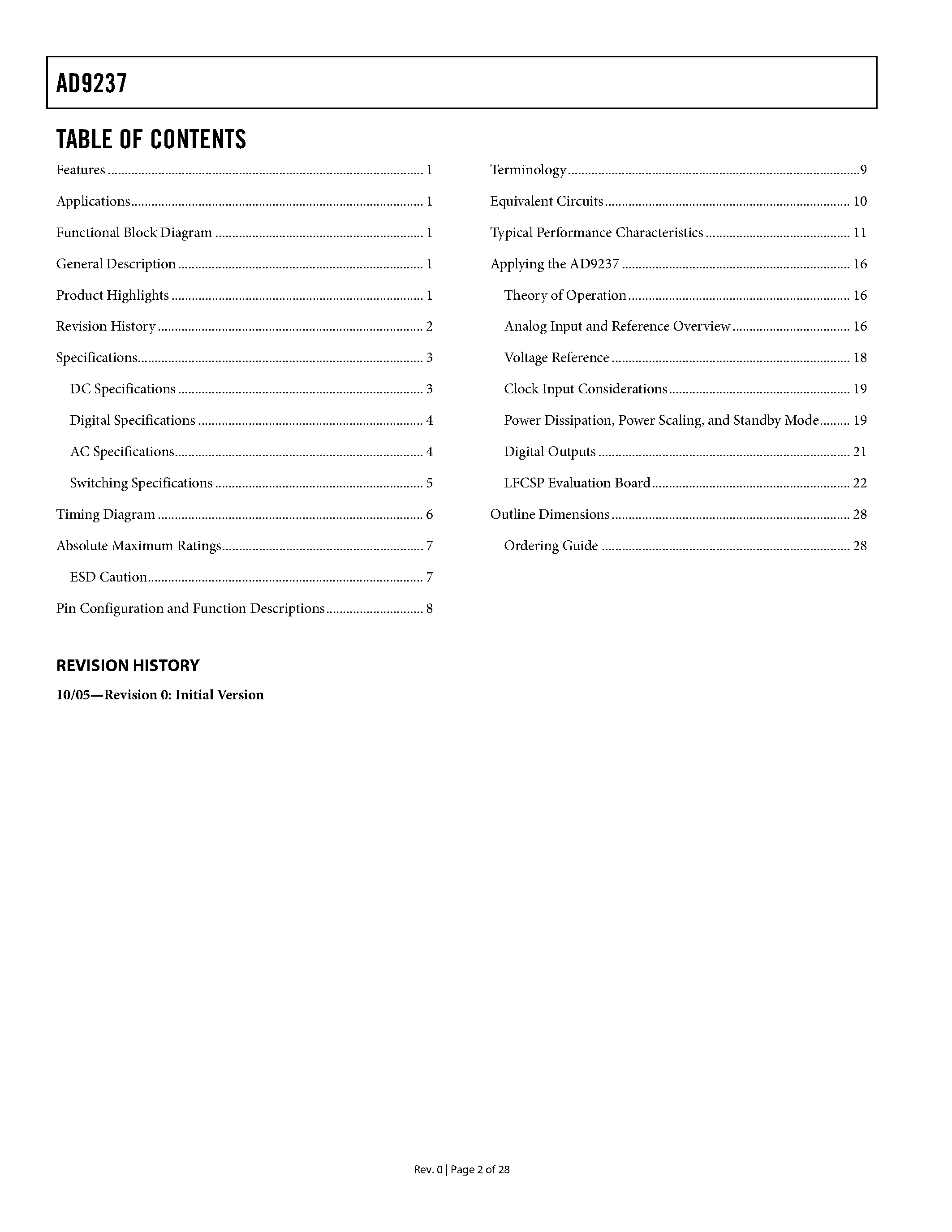 Datasheet AD9237 - Low Power A/D Converter page 2