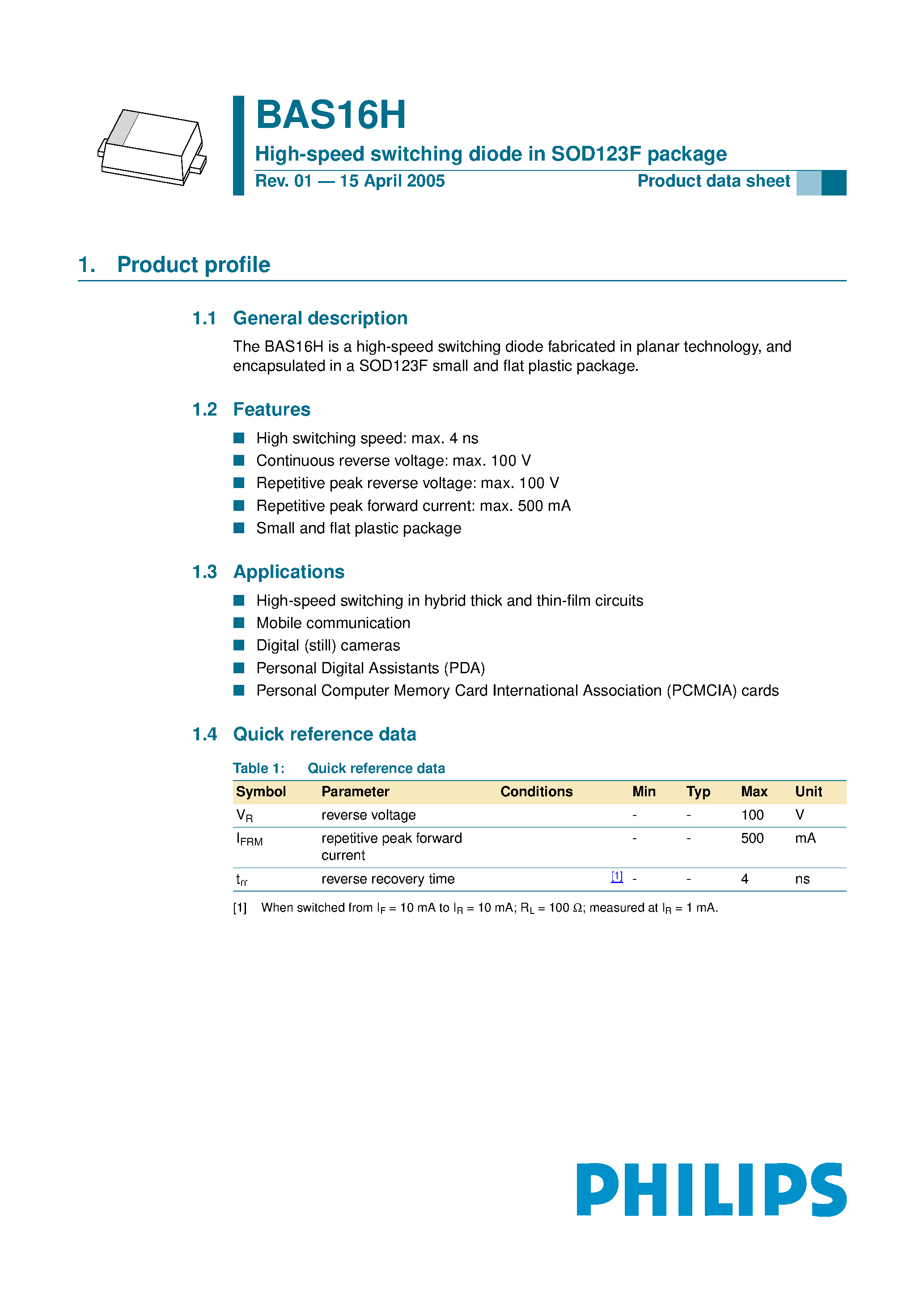 Datasheet BAS16H page 1 Datasheet BAS16H - High-speed switching diode page 1