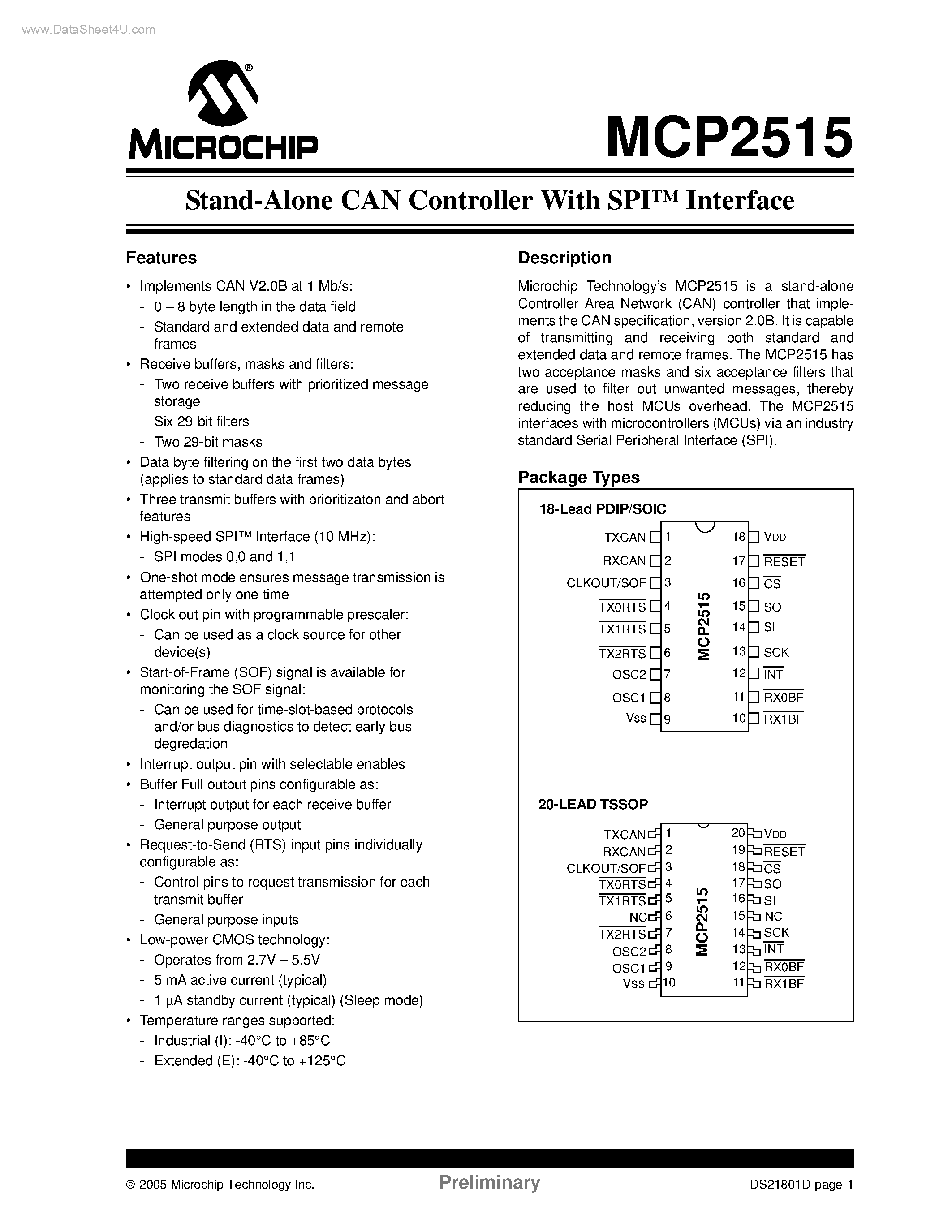Даташит на микросхему MCP2515 страница 1 Даташит MCP2515 - Stand-Alone CAN Controller страница 1