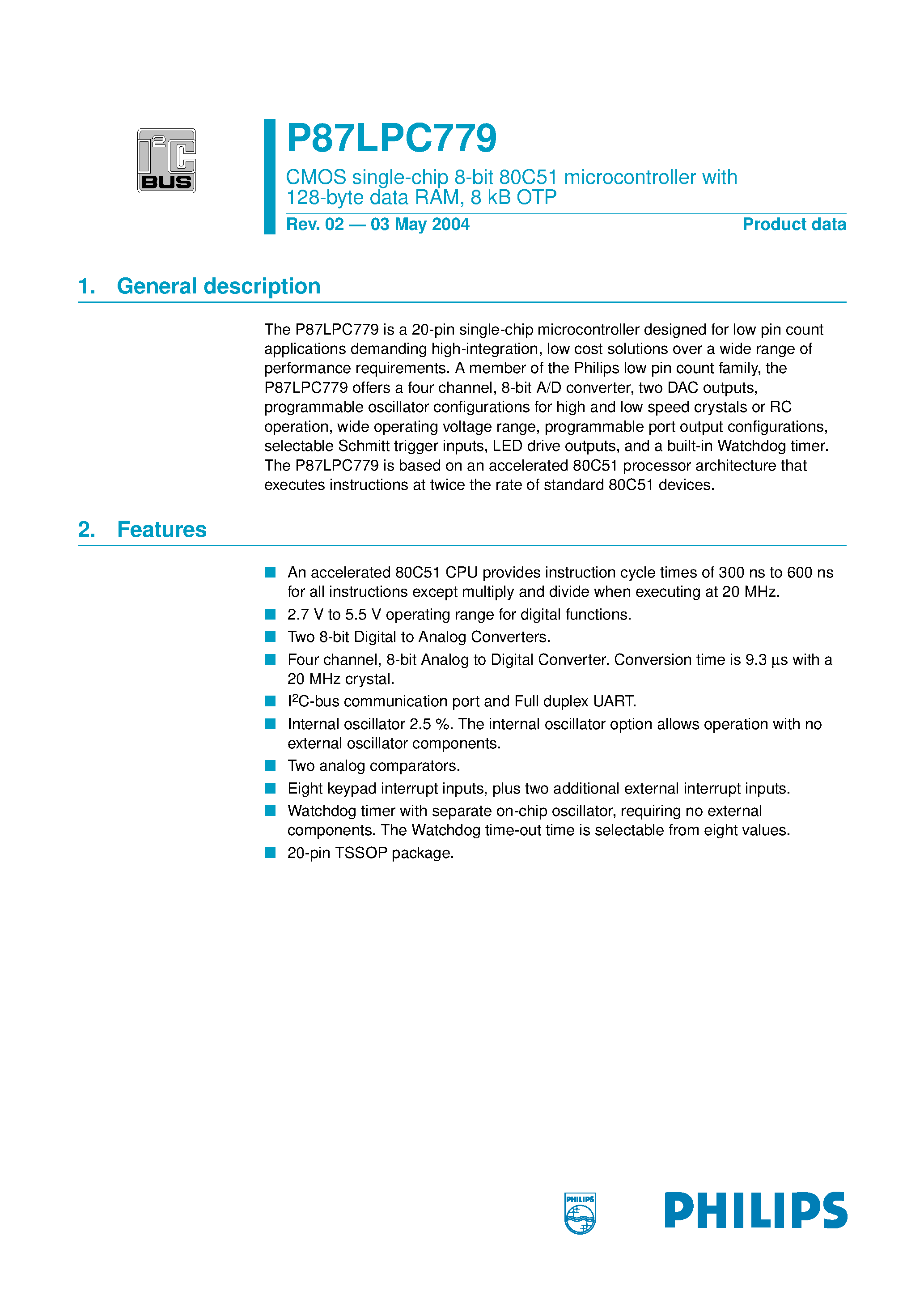 Datasheet P87LPC779 page 1 Datasheet P87LPC779 - CMOS single-chip 8-bit 80C51 microcontroller page 1