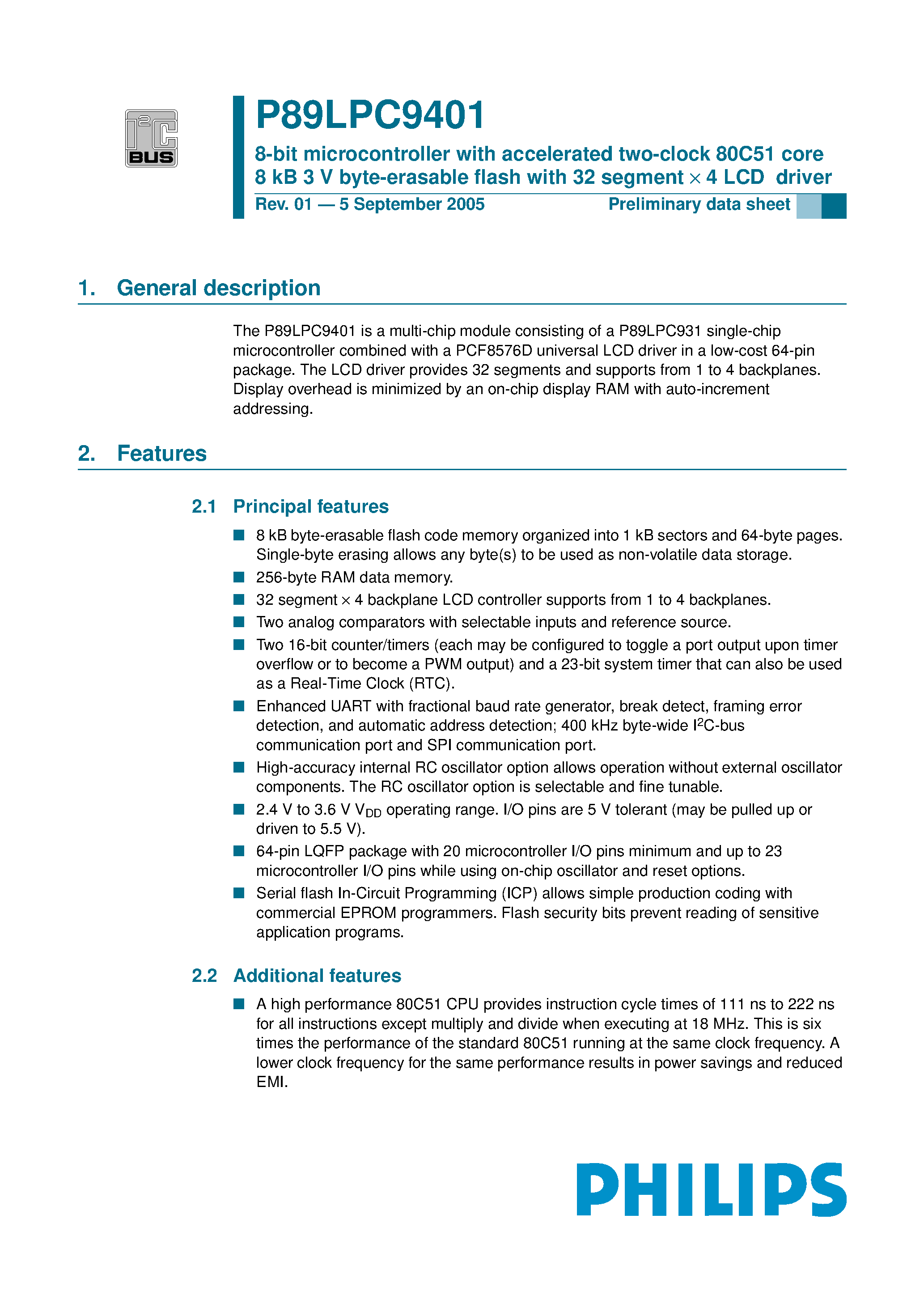 Datasheet P89LPC9401 page 1 Datasheet P89LPC9401 - 8-bit microcontroller page 1