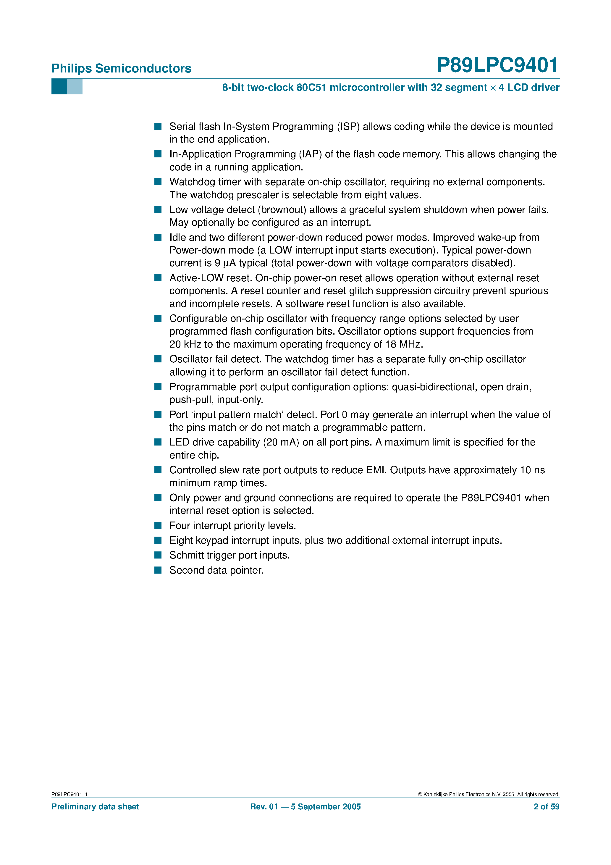 Datasheet P89LPC9401 page 2 Datasheet P89LPC9401 - 8-bit microcontroller page 2