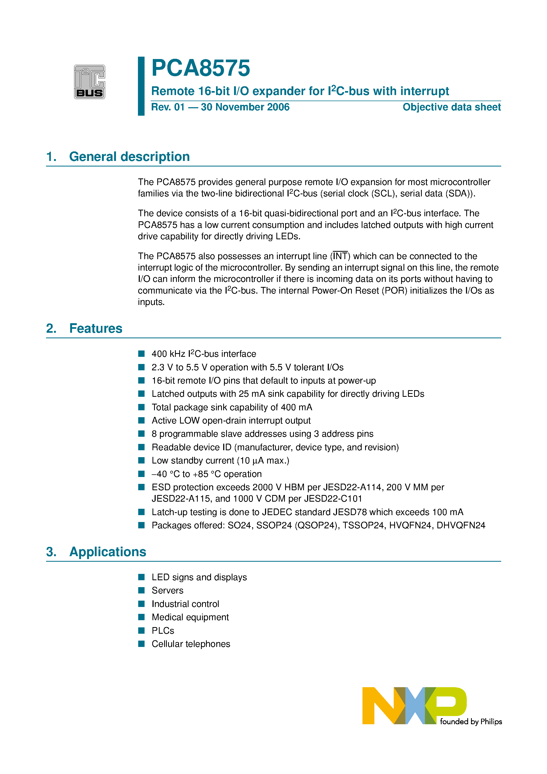 Даташит на микросхему PCA8575 страница 1 Даташит PCA8575 - Remote 16-bit I/O expander страница 1