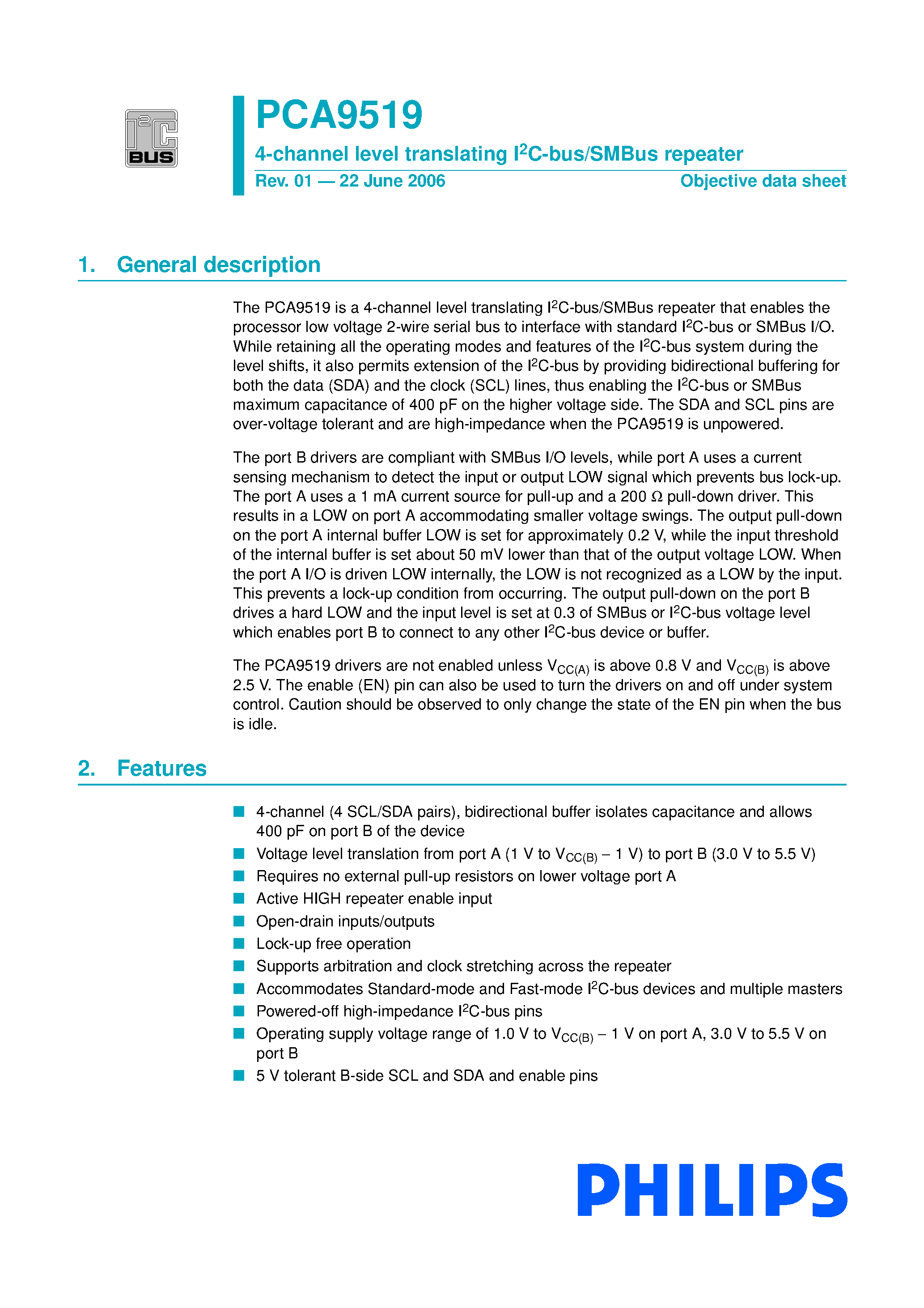 Даташит PCA9519 - 4-channel level translating I2C-bus/SMBus repeater страница 1