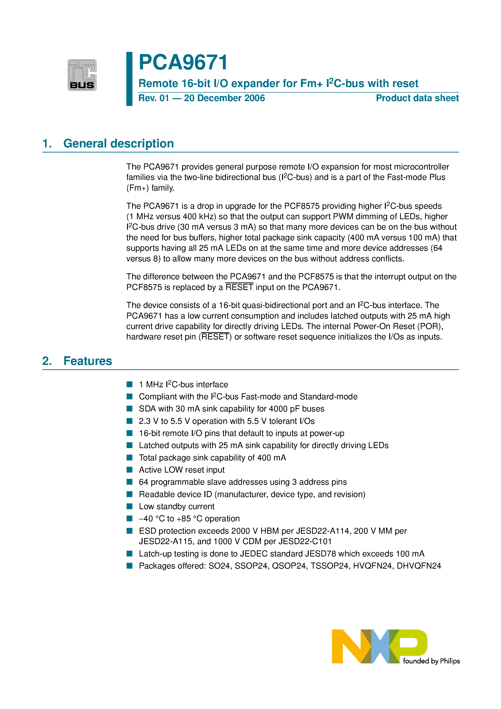 Datasheet PCA9671 - Remote 16-bit I/O expander page 1
