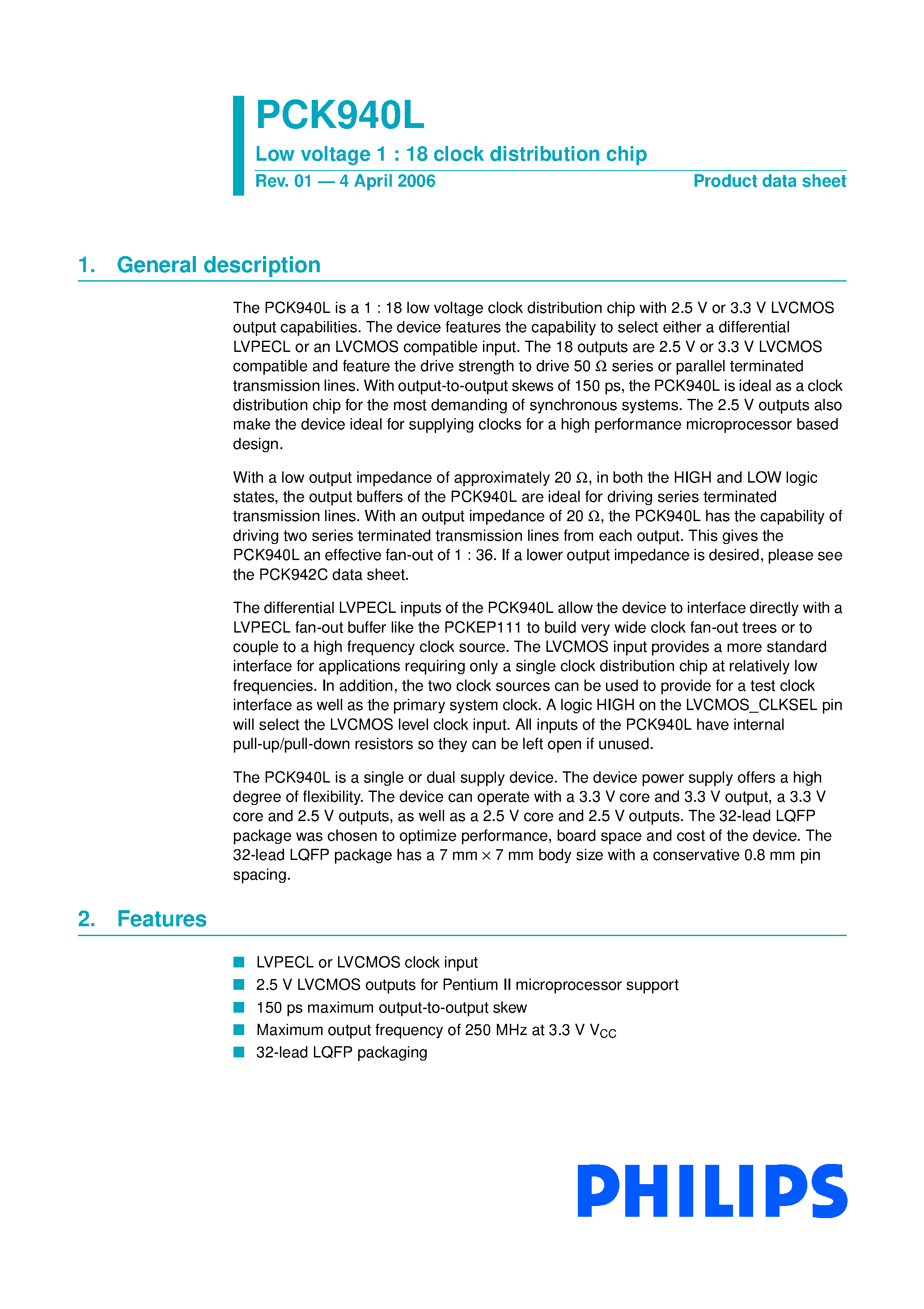 Datasheet PCK940L - Low voltage 1 : 18 clock distribution chip page 1