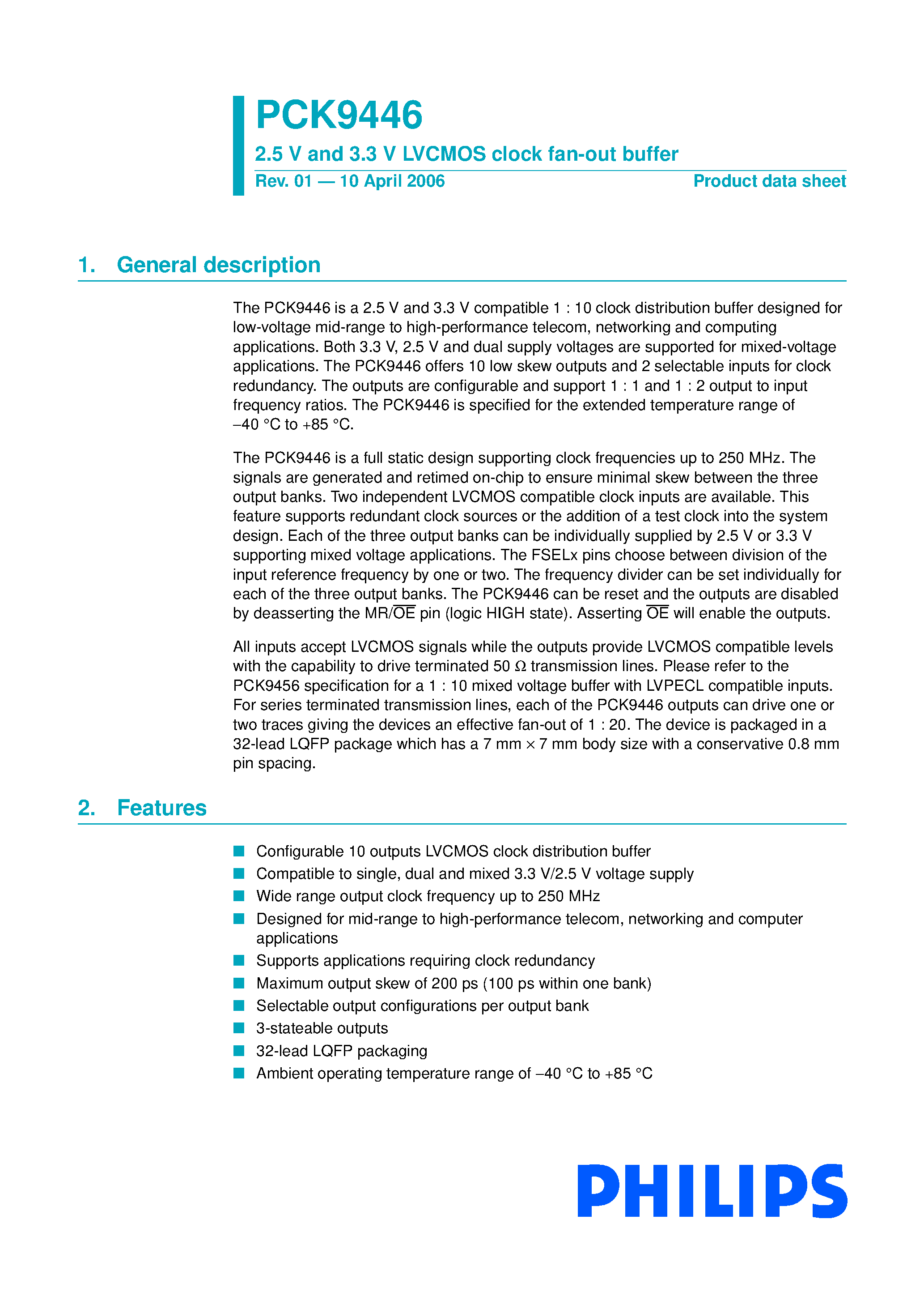 Datasheet PCK9446 - LVCMOS clock fan-out buffer page 1