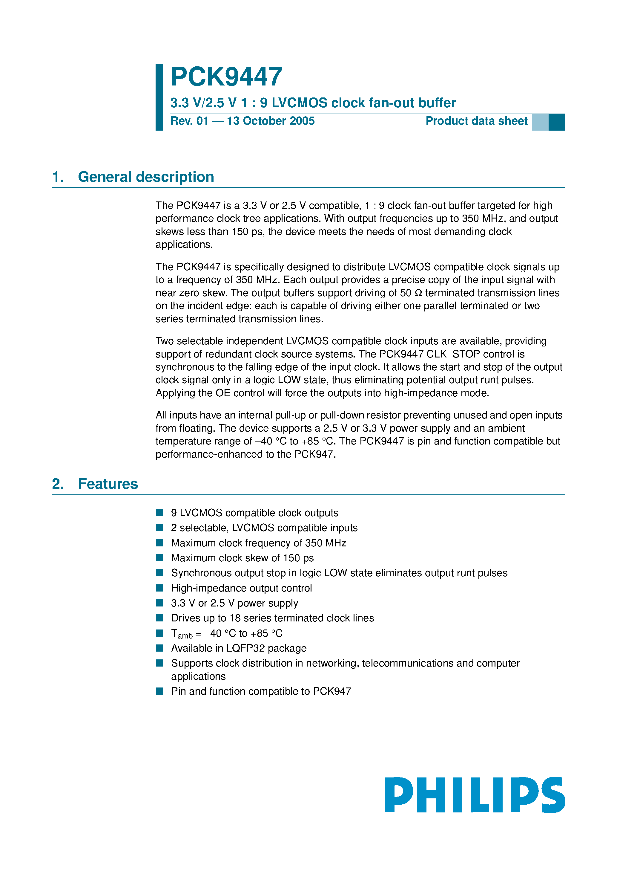 Datasheet PCK9447 - LVCMOS clock fan-out buffer page 1