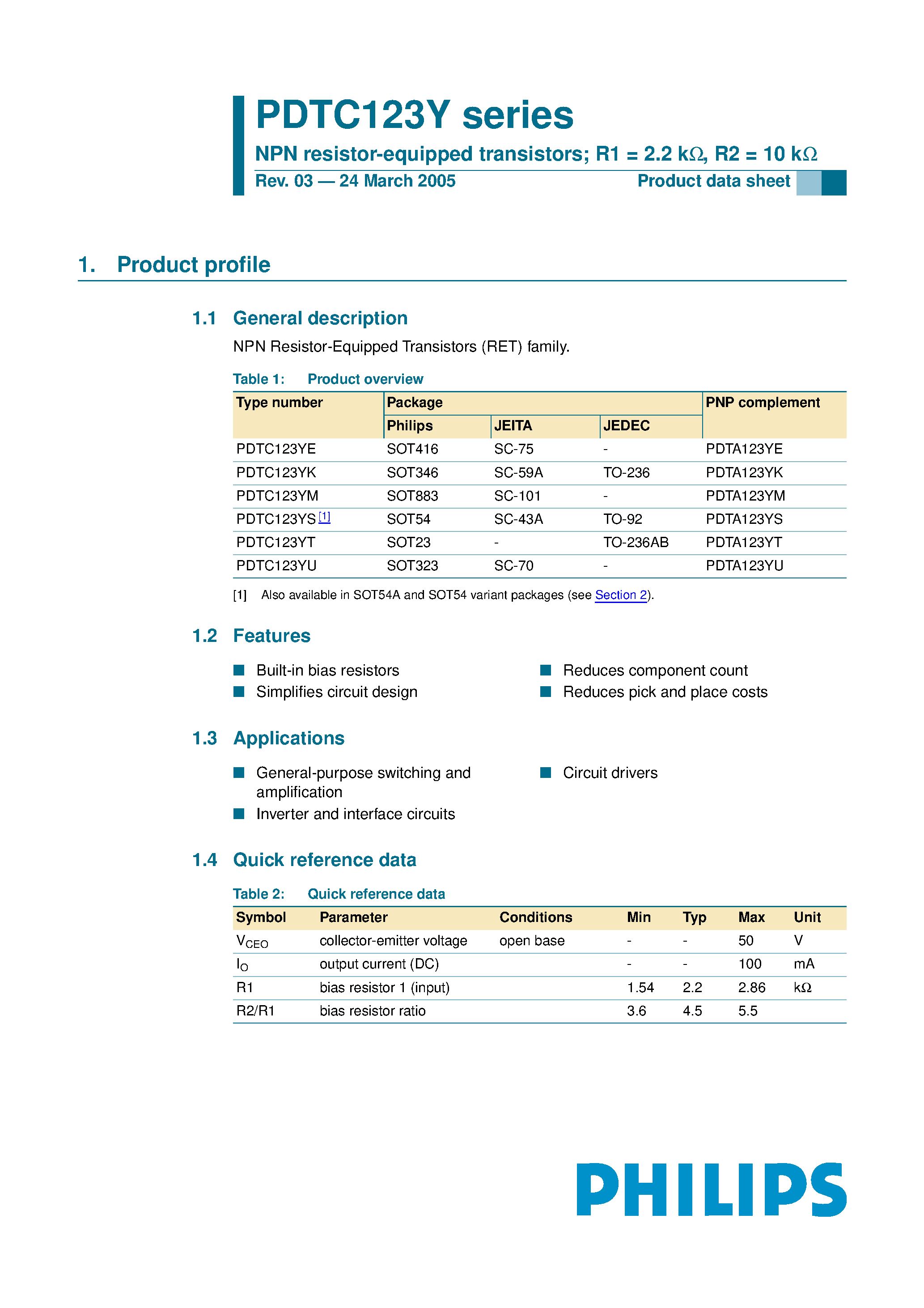 Datasheet PDTC123Y - NPN resistor-equipped transistors page 1