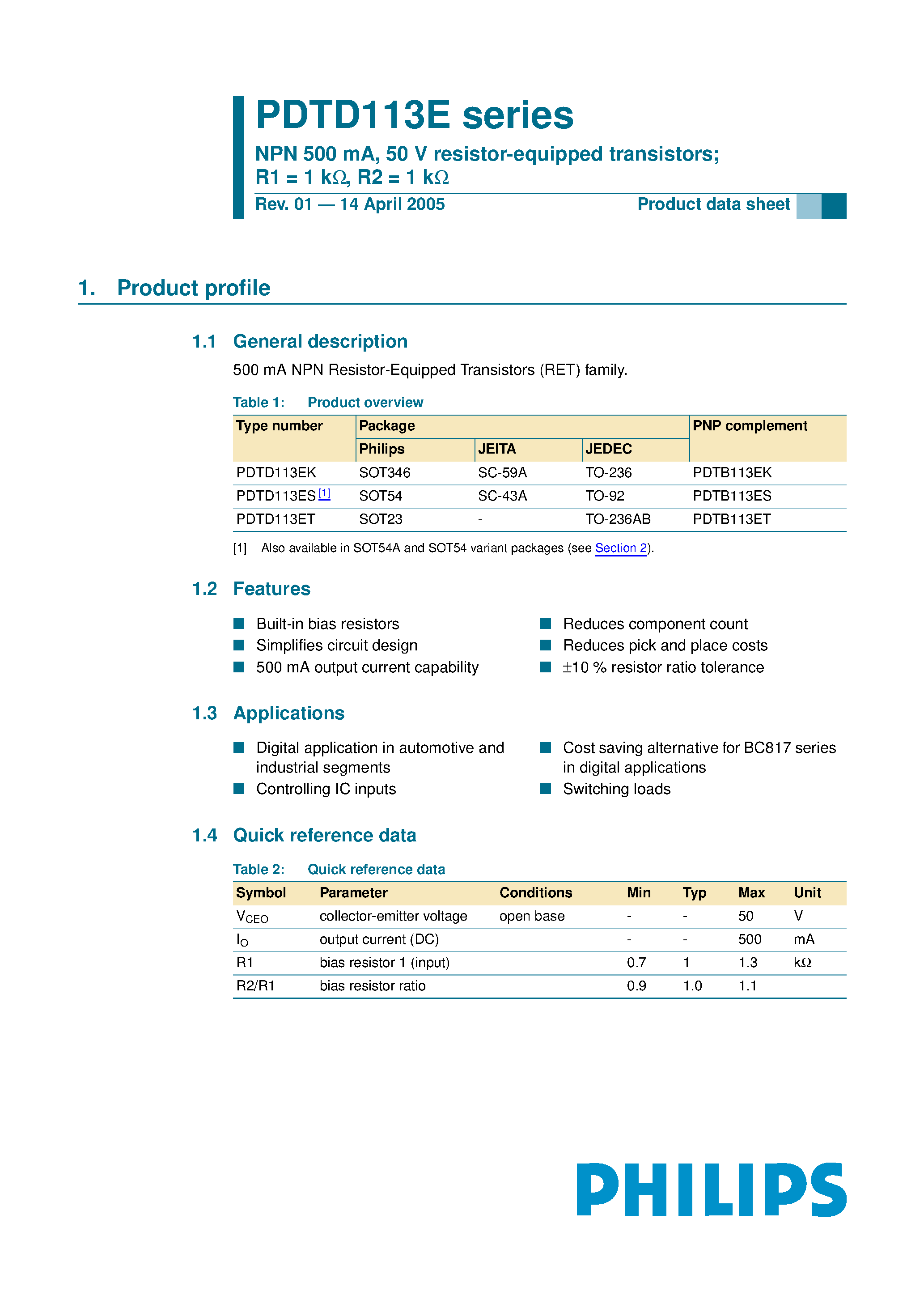 Datasheet PDTD113E - resistor-equipped transistors page 1