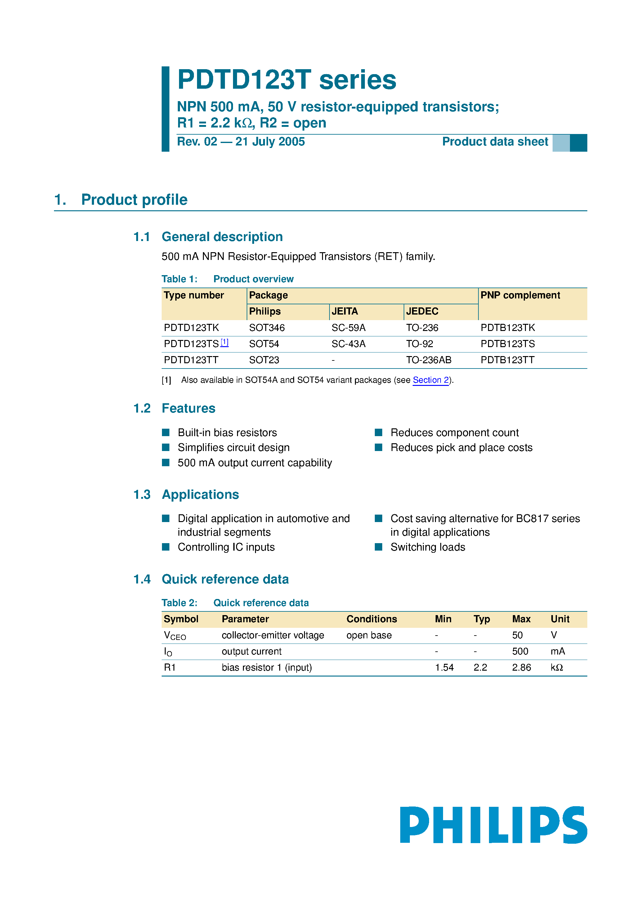 Datasheet PDTD123T - resistor-equipped transistors page 1