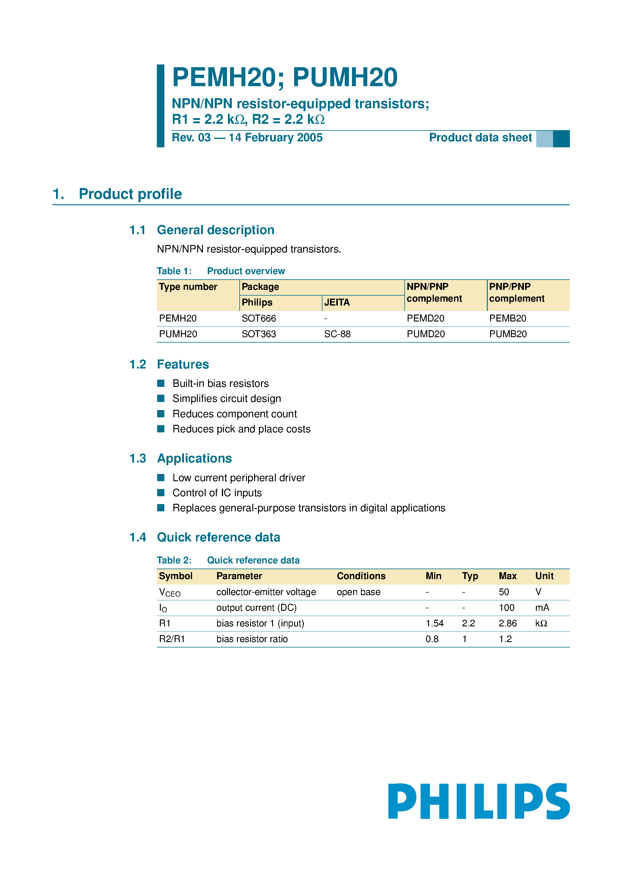 Datasheet PUMH20 - NPN/NPN resistor-equipped transistors page 1