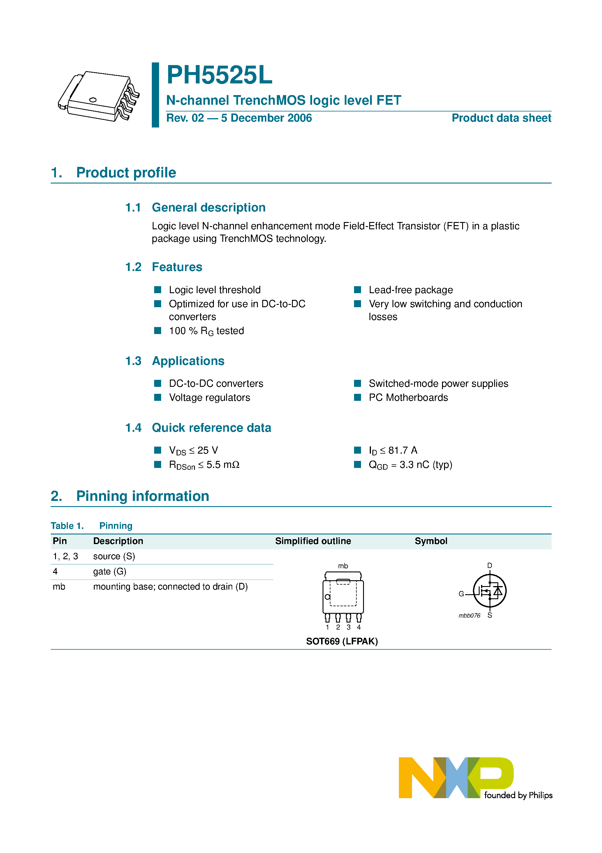 Datasheet PH5525L - N-channel TrenchMOS logic level FET page 1