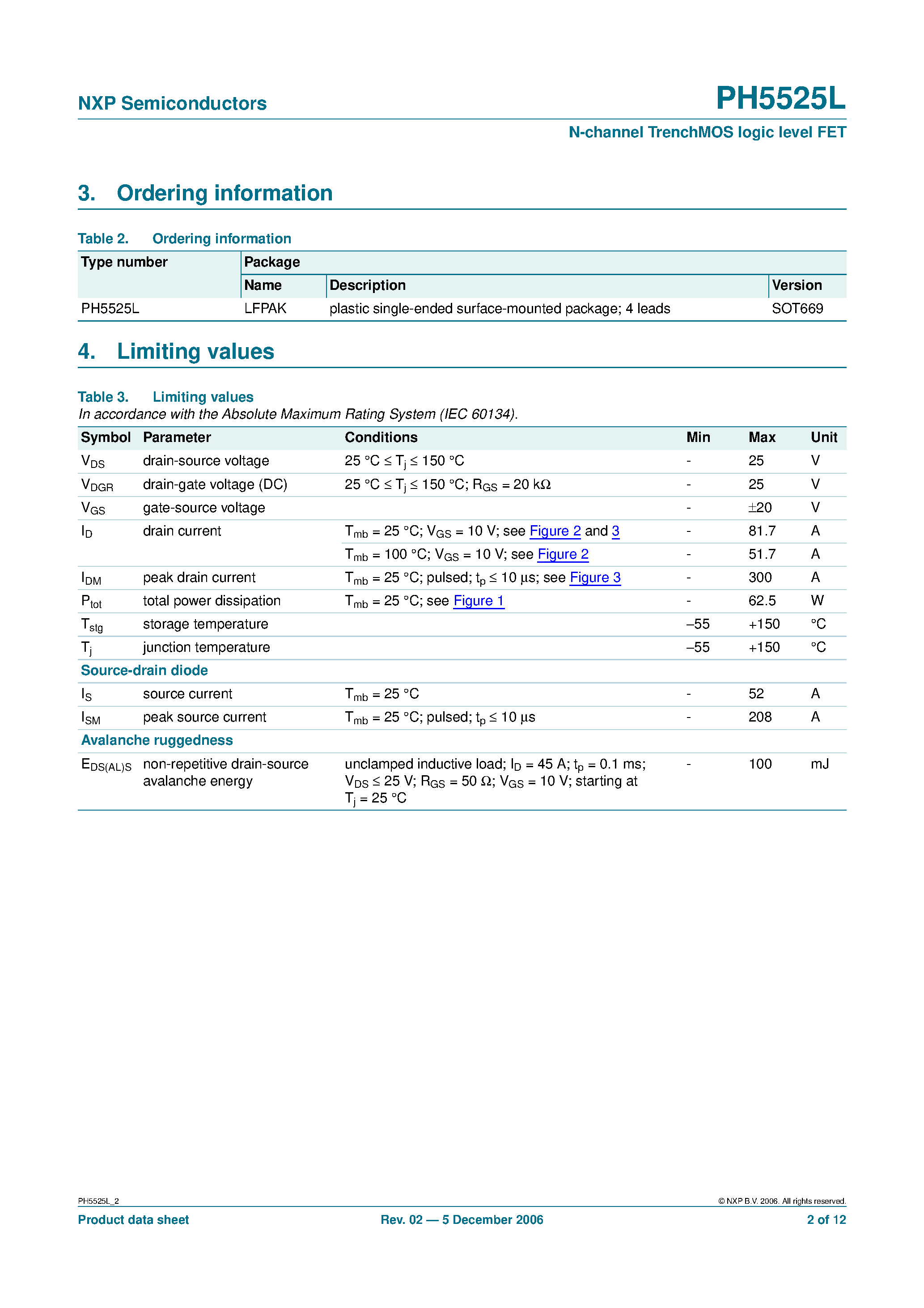 Datasheet PH5525L - N-channel TrenchMOS logic level FET page 2