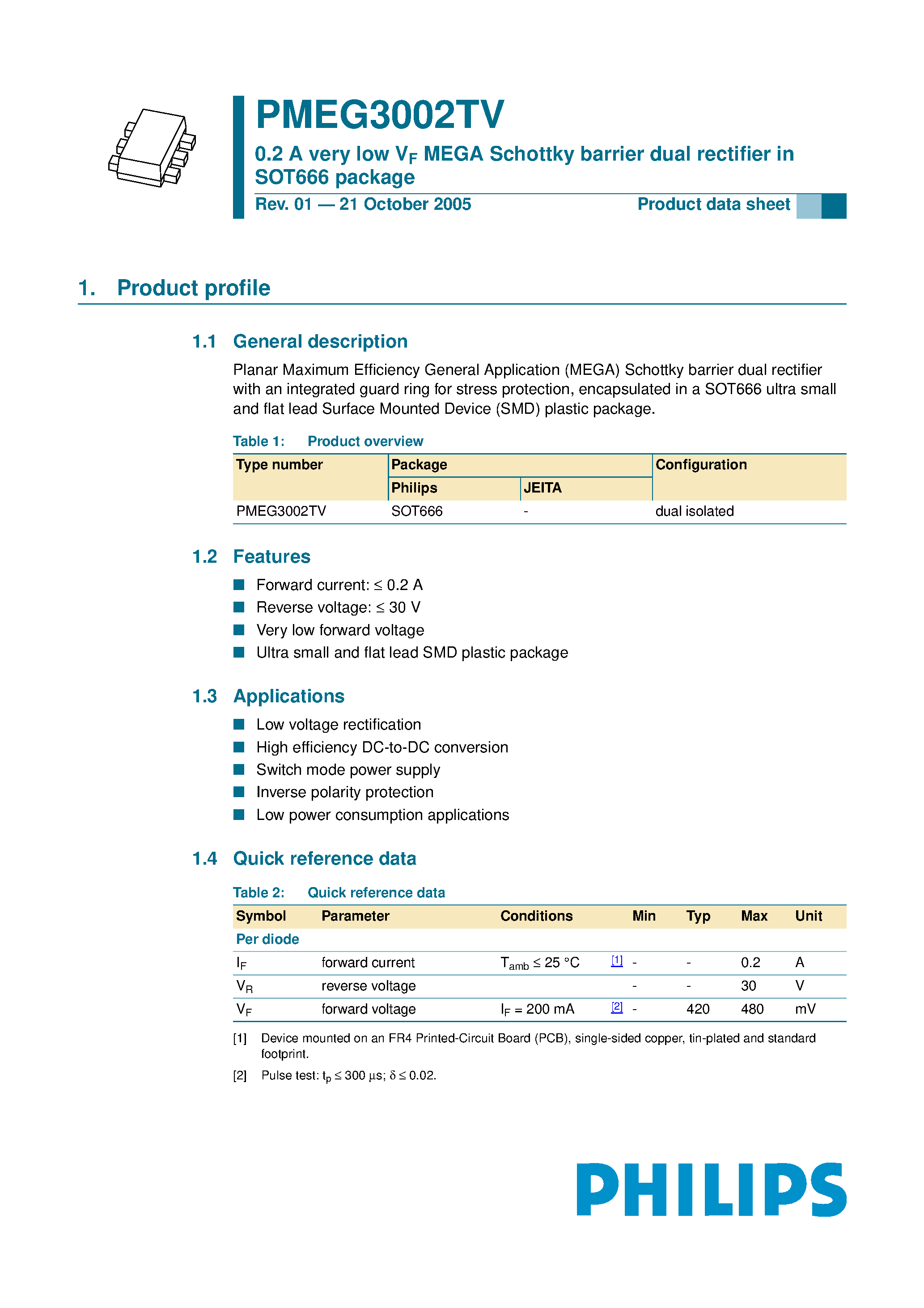 Даташит PMEG3002TV - very low VF MEGA Schottky barrier dual rectifier страница 1