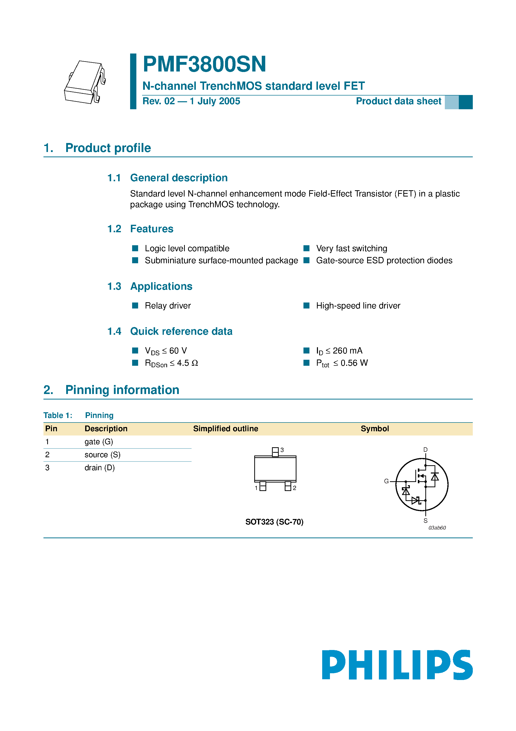 Datasheet PMF3800SN - N-channel TrenchMOS standard level FET page 1