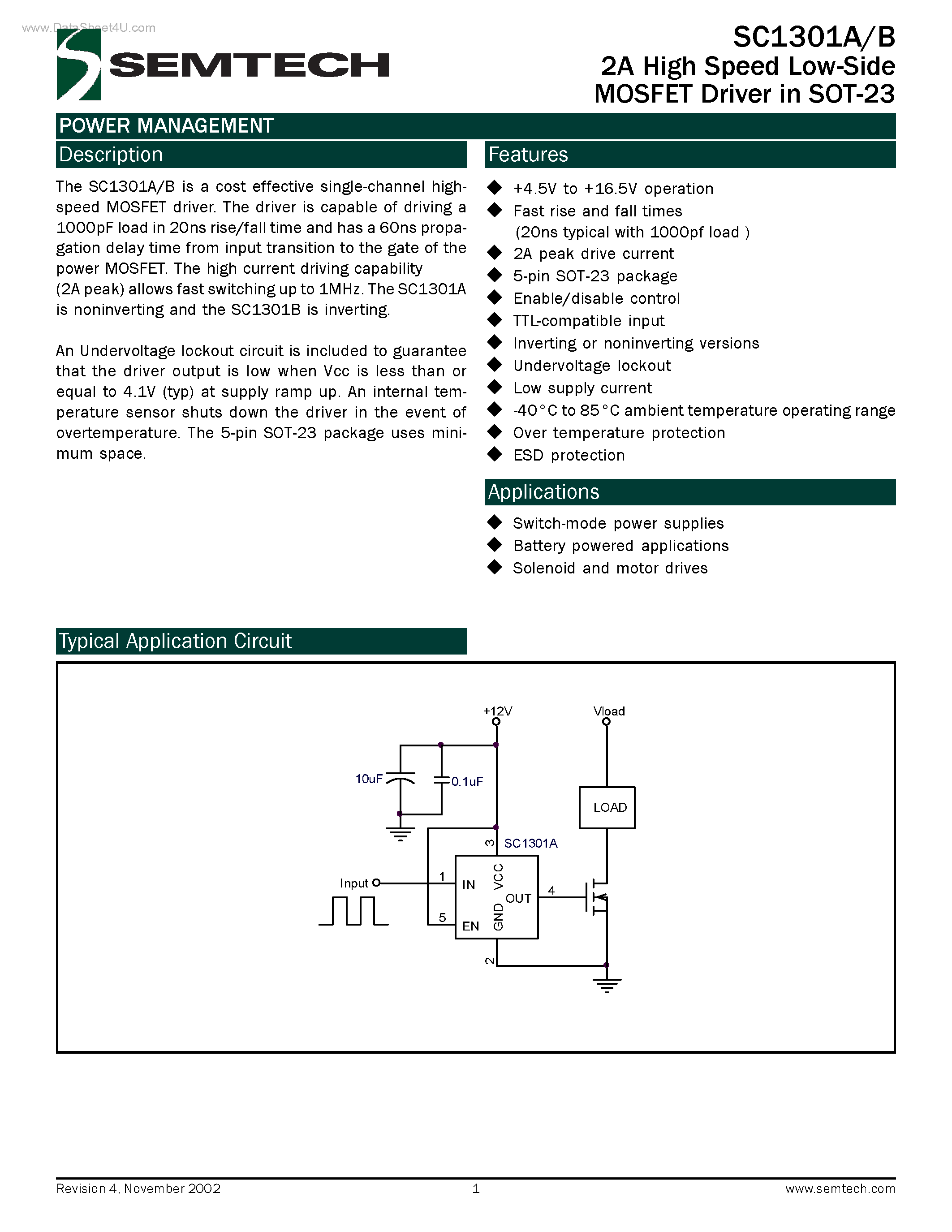 Даташит на микросхему SC1301A страница 1 Даташит SC1301A - (SC1301A/B) High Speed Low-Side MOSFET Driver страница 1