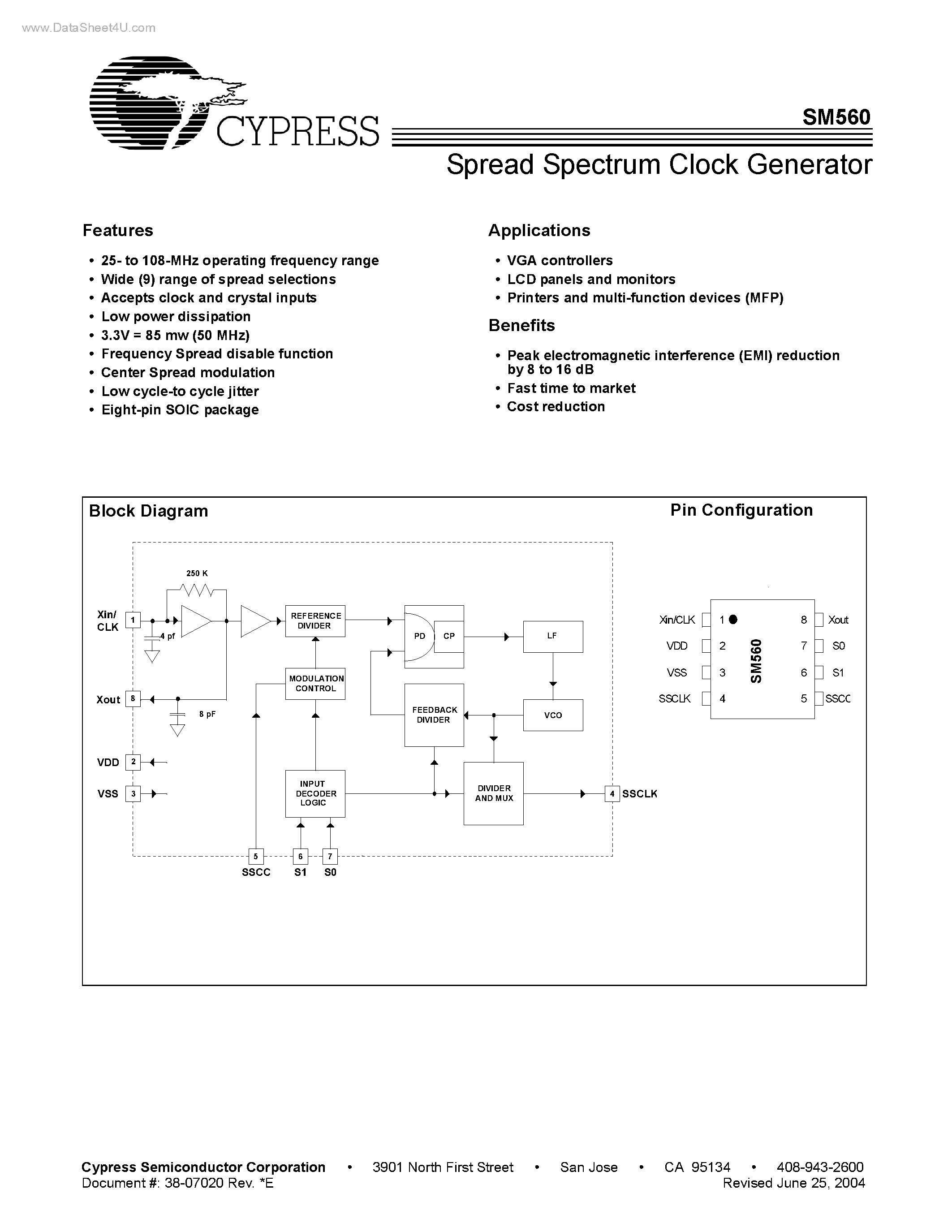 Datasheet SM560 page 1 Datasheet SM560 - Spread Spectrum Clock Generator page 1