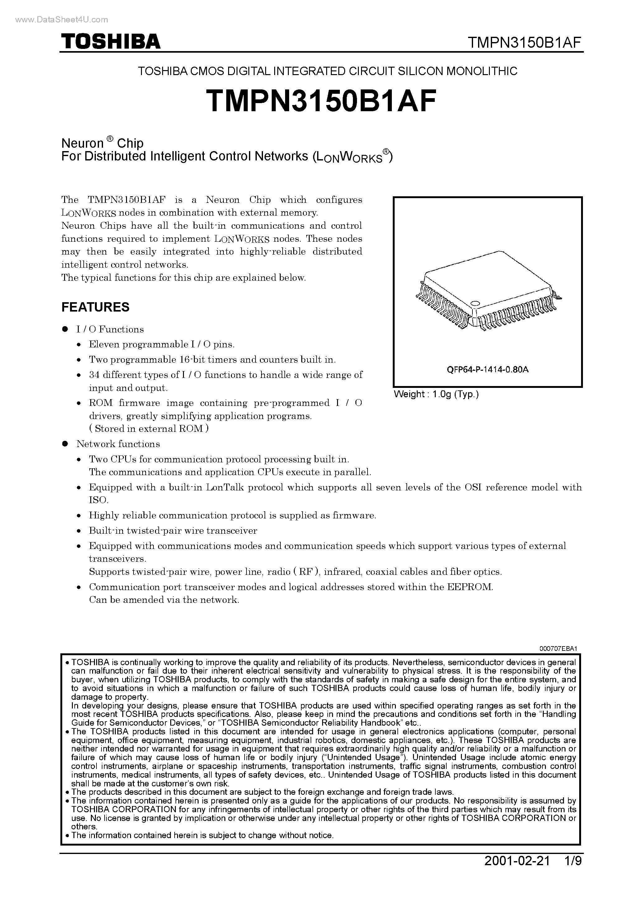 Datasheet TMPN3150B1AF - Neuron Chip page 1