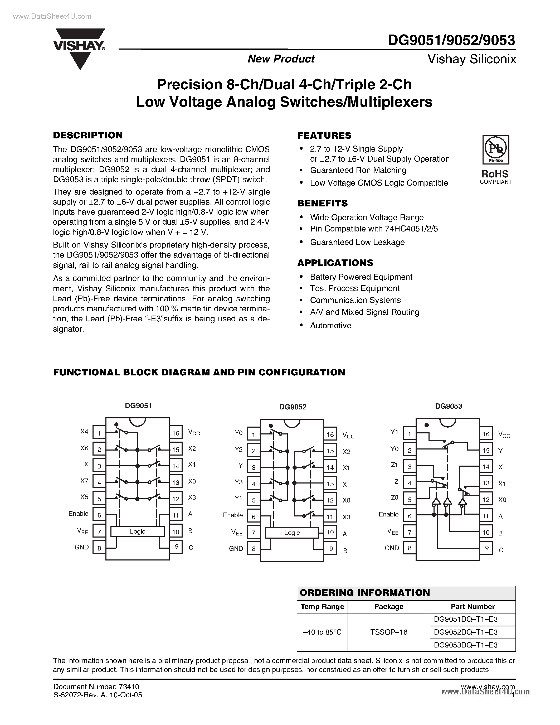 Даташит DG9051 - (DG9051 - DG9053) Precision 8-Ch/Dual 4-Ch/Triple 2-Ch Low Voltage Analog Switches/Multiplexers страница 1