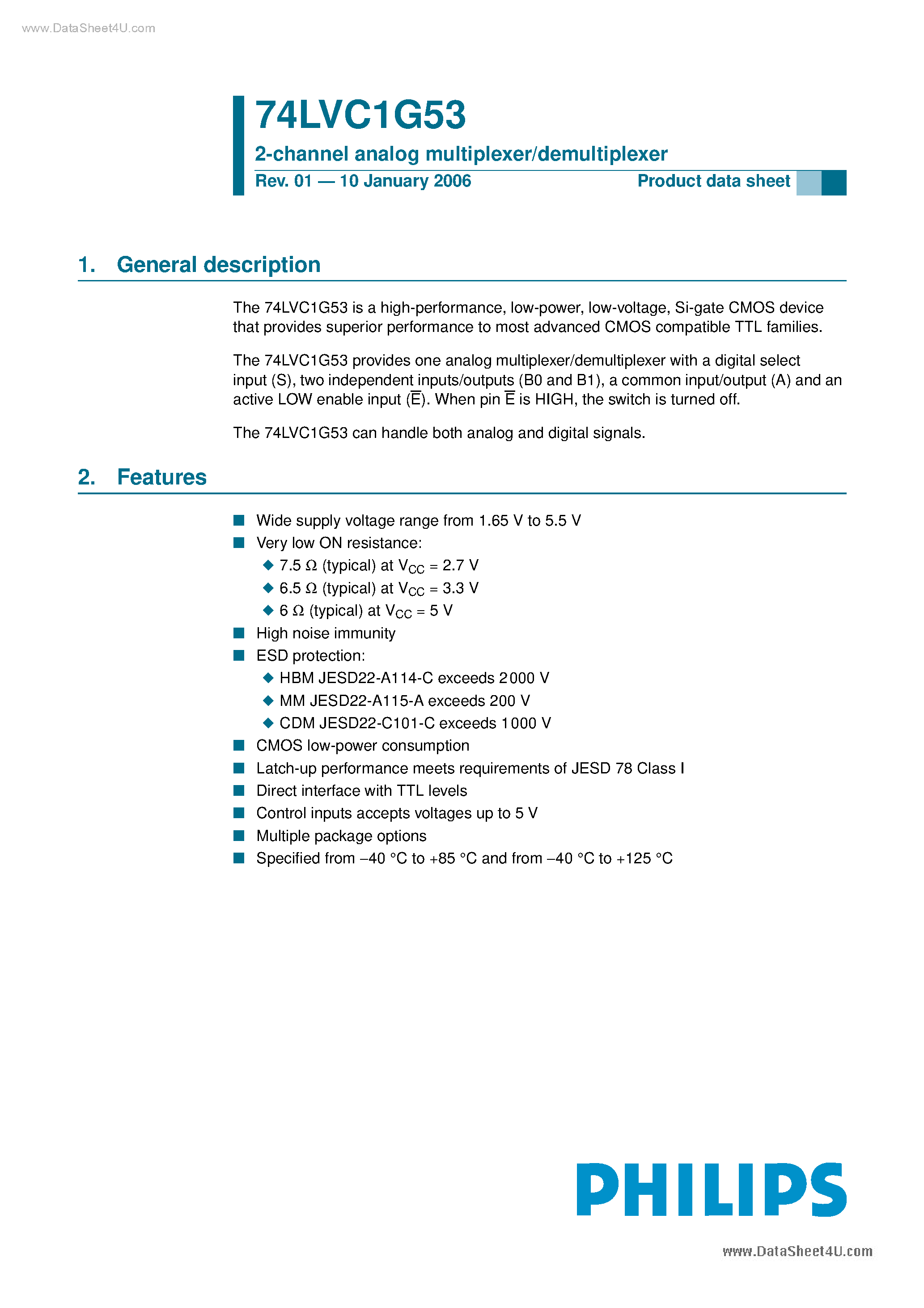Даташит 74LVC1G53 - 2-channel analog multiplexer/demultiplexer страница 1