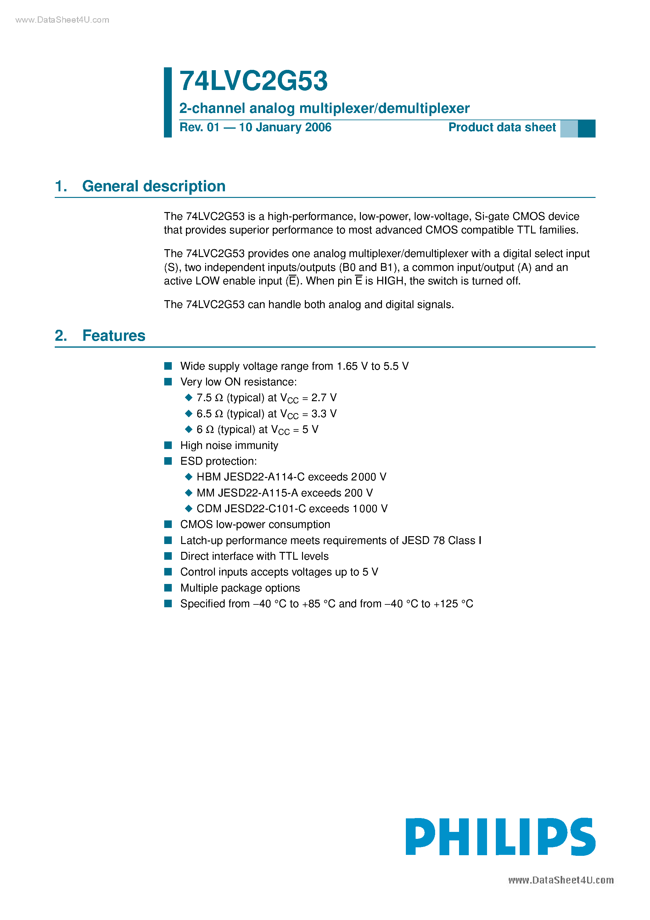 Datasheet 74LVC2G53 page 1 Datasheet 74LVC2G53 - 2-channel analog multiplexer/demultiplexer page 1