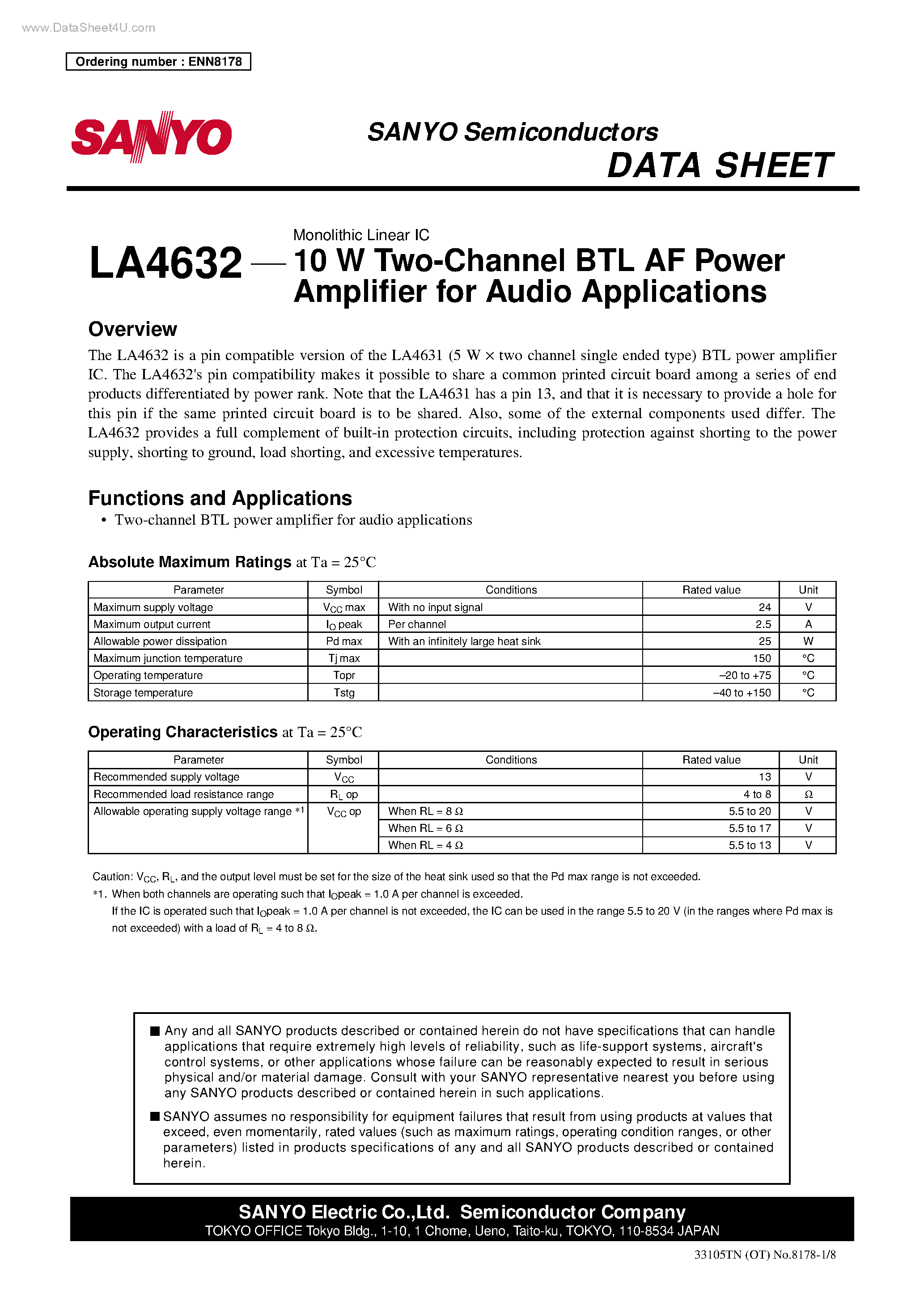 Datasheet LA4632 - 10 W Two-Channel BTL AF Power Amplifier page 1