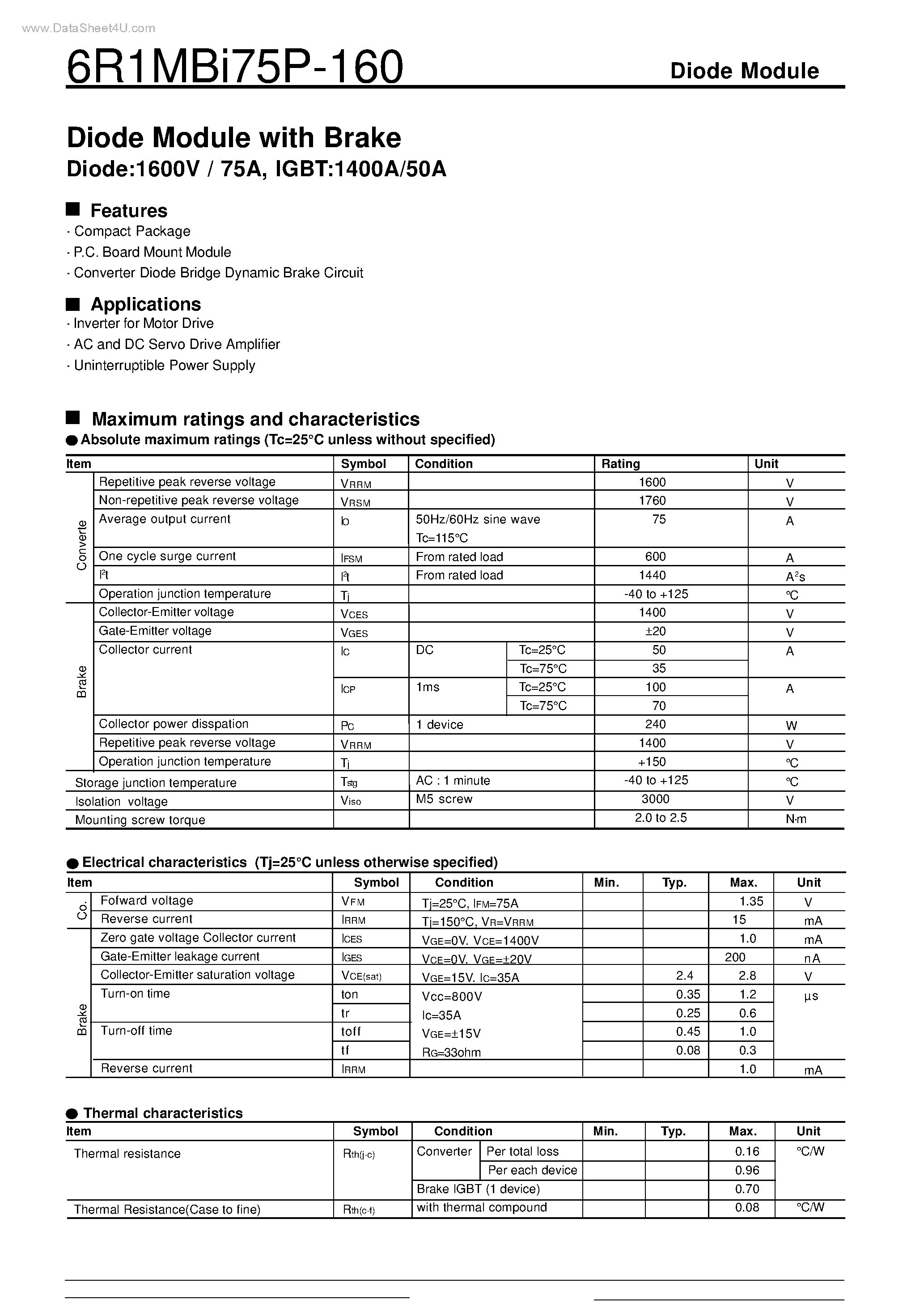 Datasheet 6R1MBI75P-160 - Diode Module with Brake Diode page 1