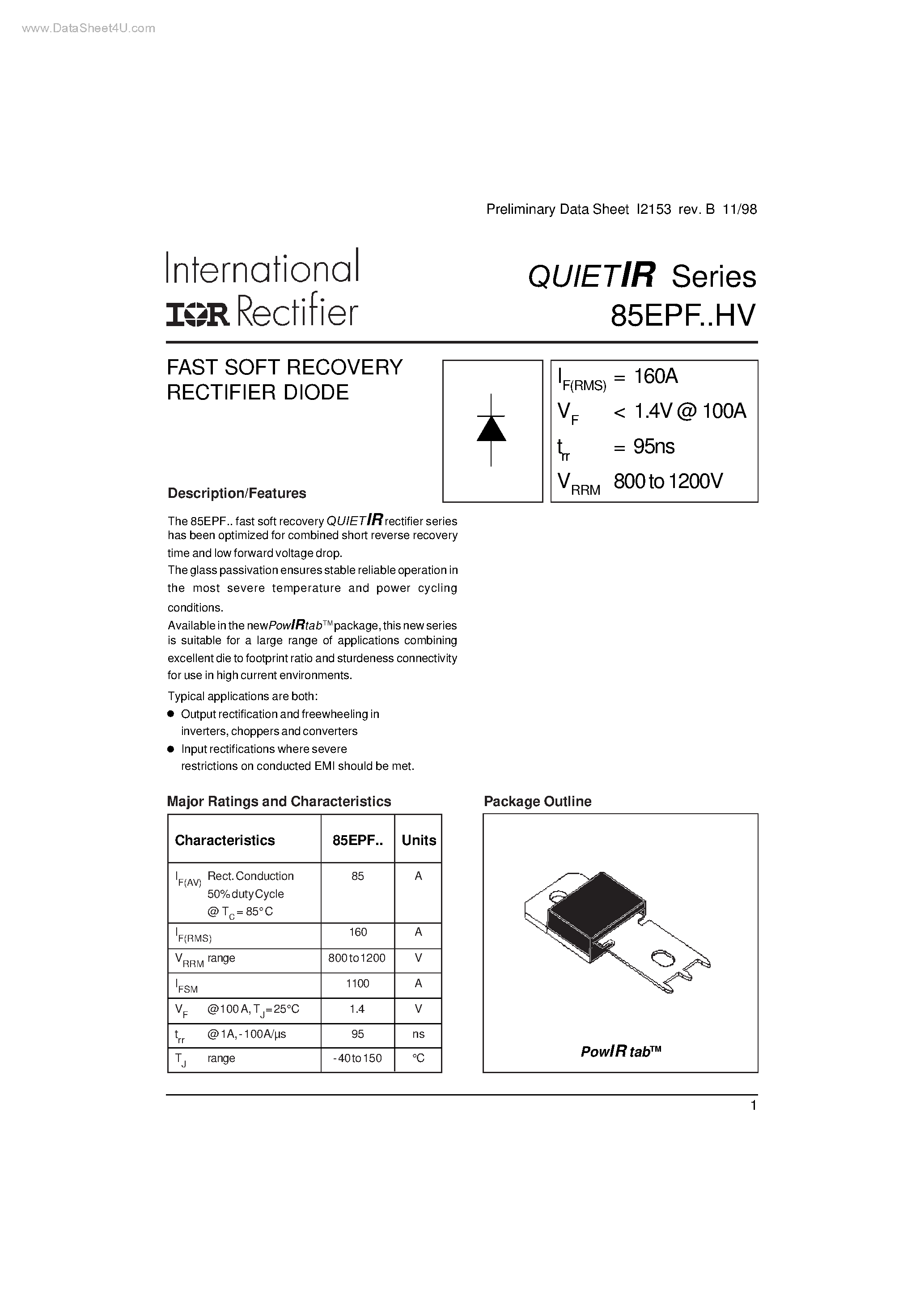 Datasheet 85EPF - FAST SOFT RECOVERY RECTIFIER DIODE page 1