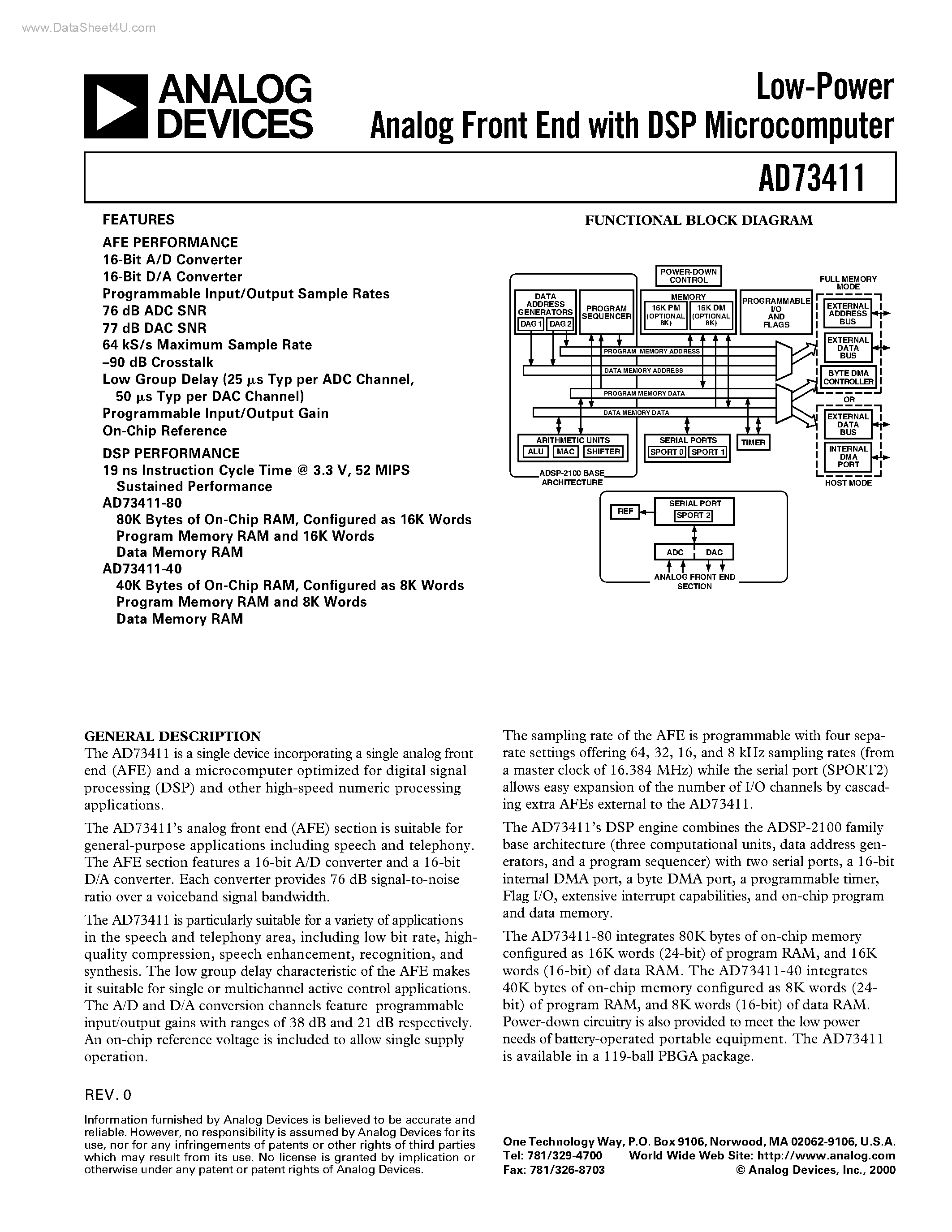 Datasheet AD73411 - Low-Power Analog Front End page 1