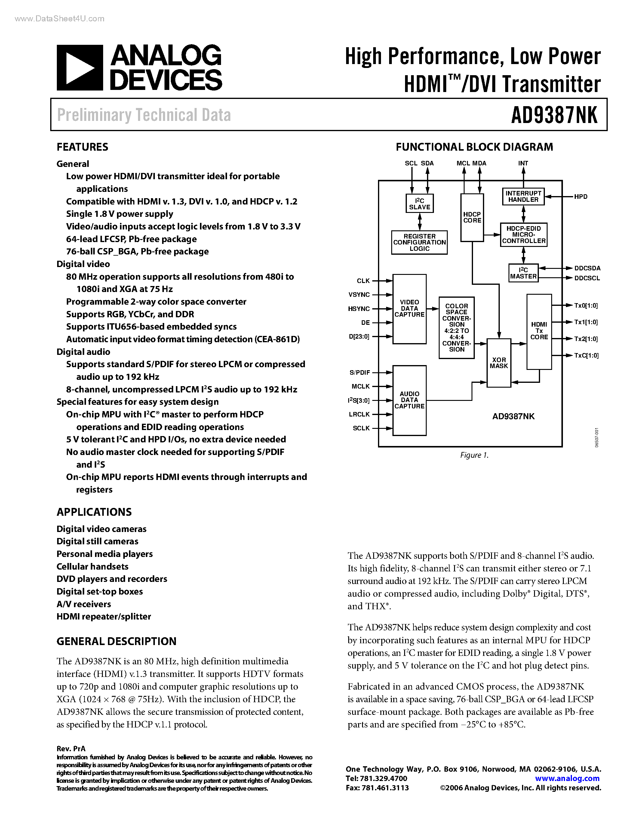 Datasheet AD9387NK page 1 Datasheet AD9387NK - DVI Transmitter page 1