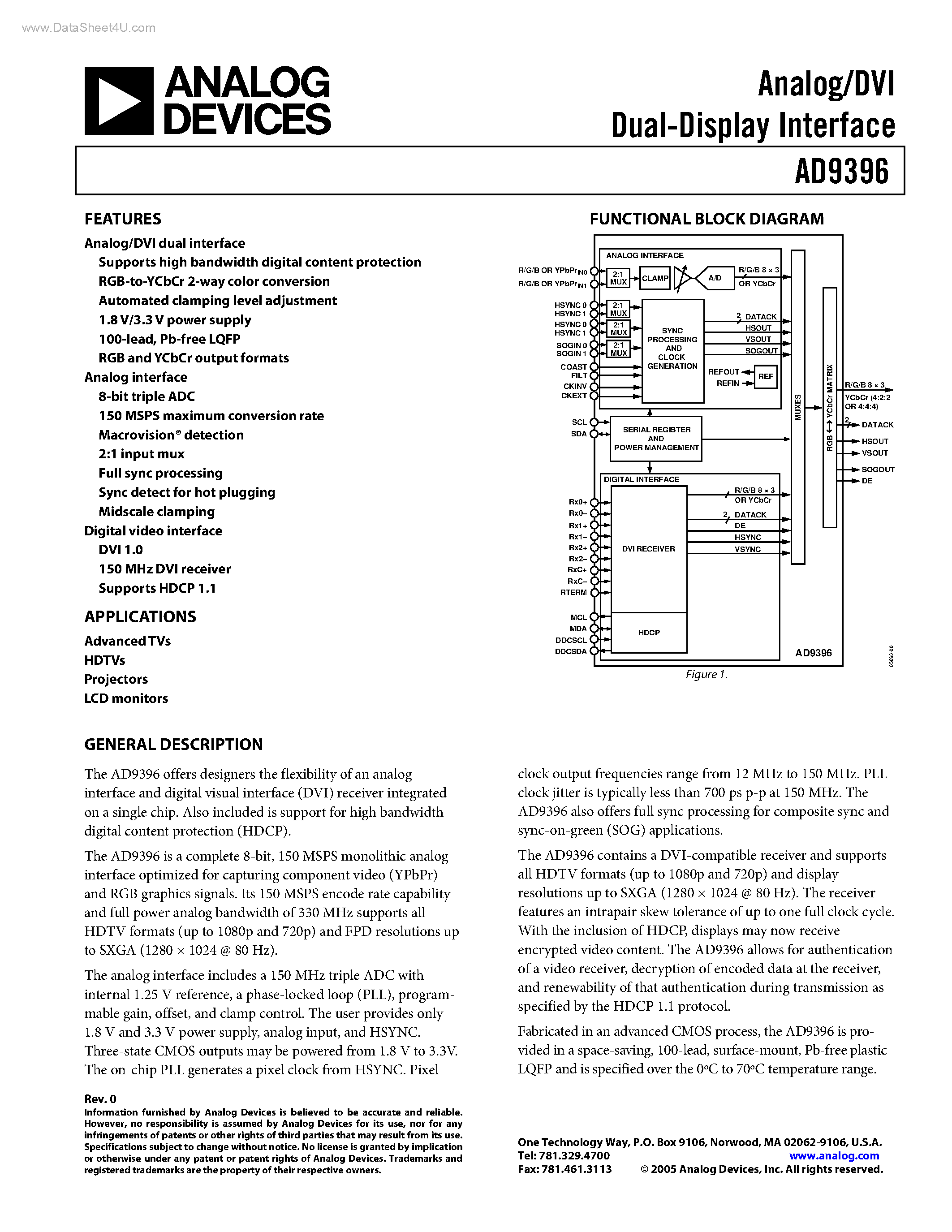 Datasheet AD9396 page 1 Datasheet AD9396 - Analog/DVI Dual-Display Interface page 1