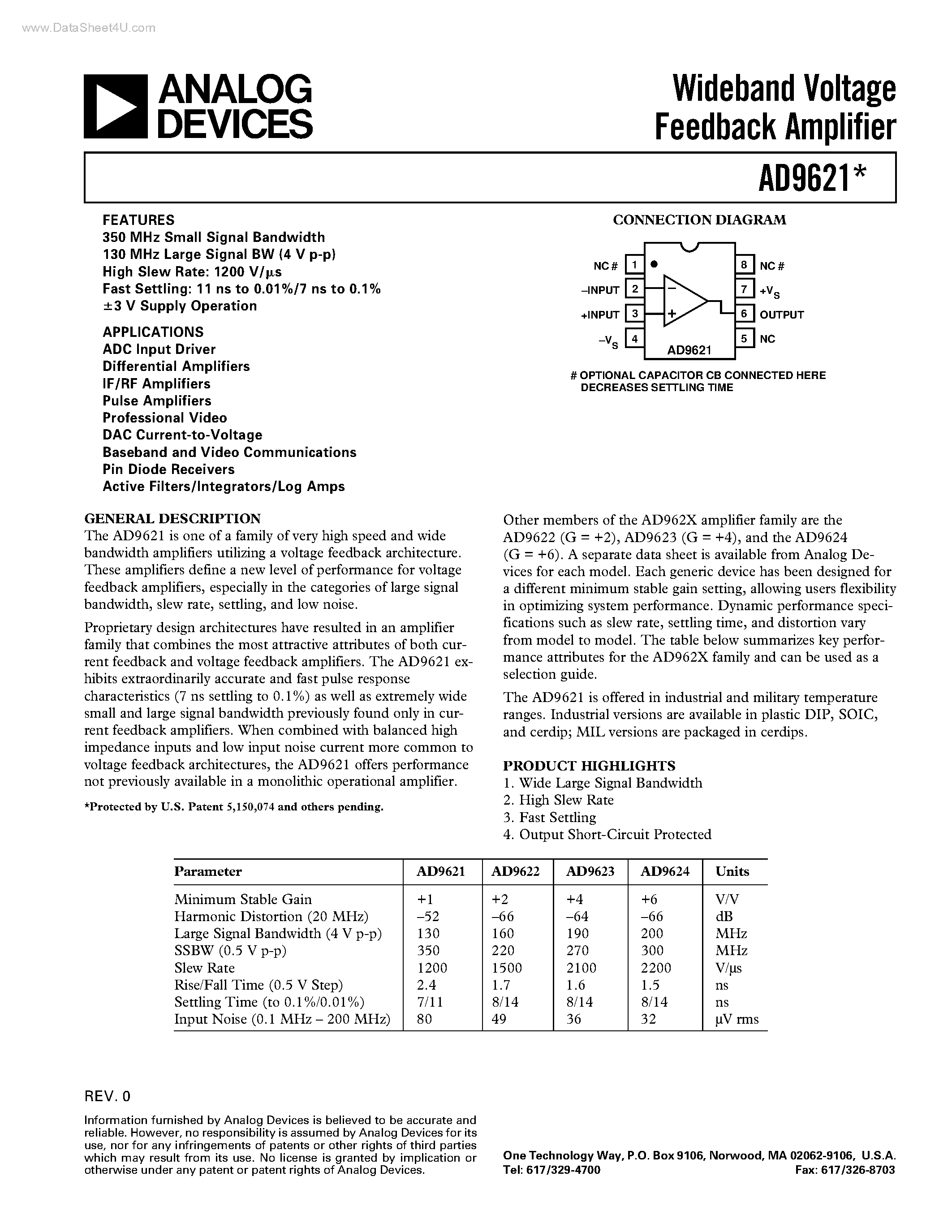 Даташит на микросхему AD9621 страница 1 Даташит AD9621 - (AD9621 - AD9624) Wideband Voltage Feedback Amplifier страница 1