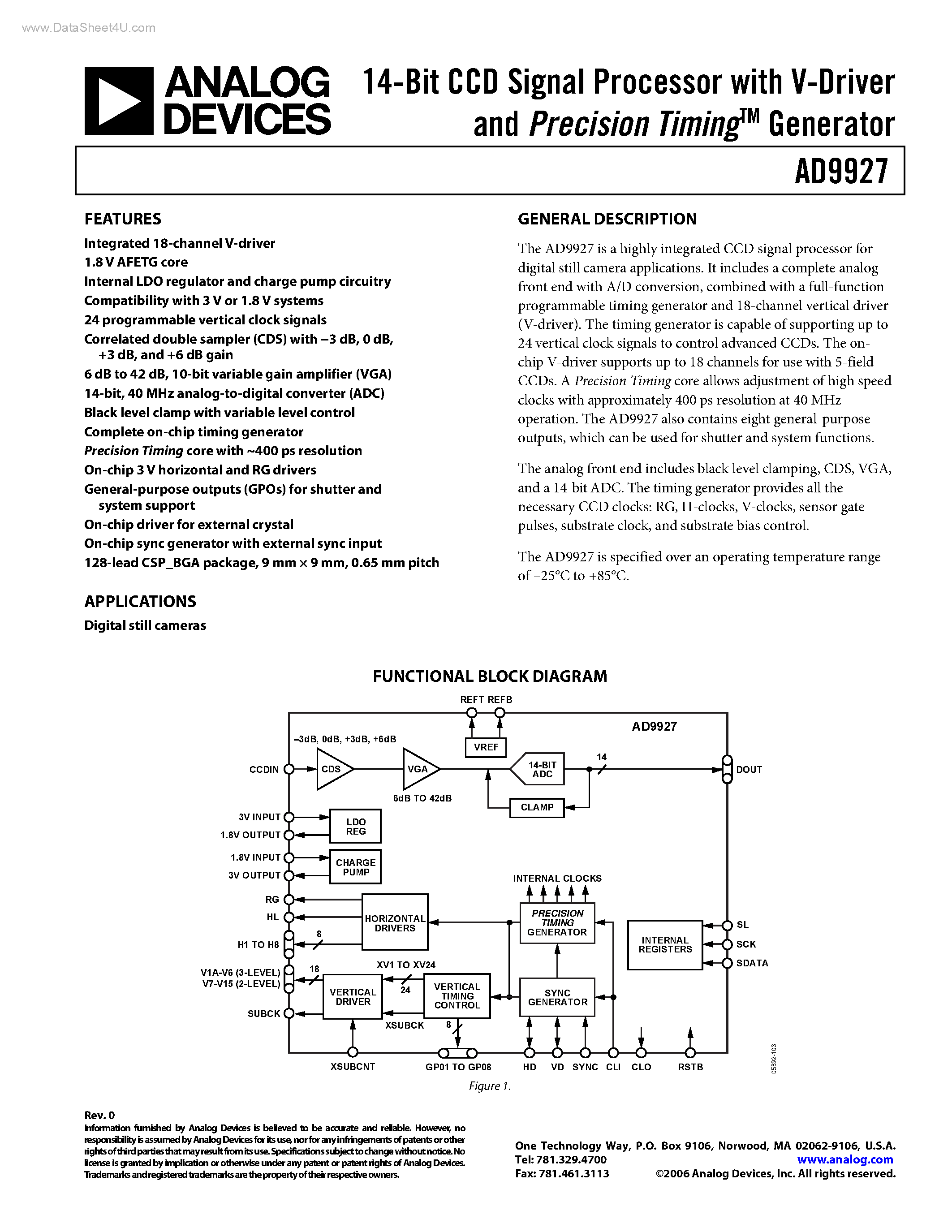 Datasheet AD9927 page 1 Datasheet AD9927 - 14-Bit CCD Signal Processor page 1