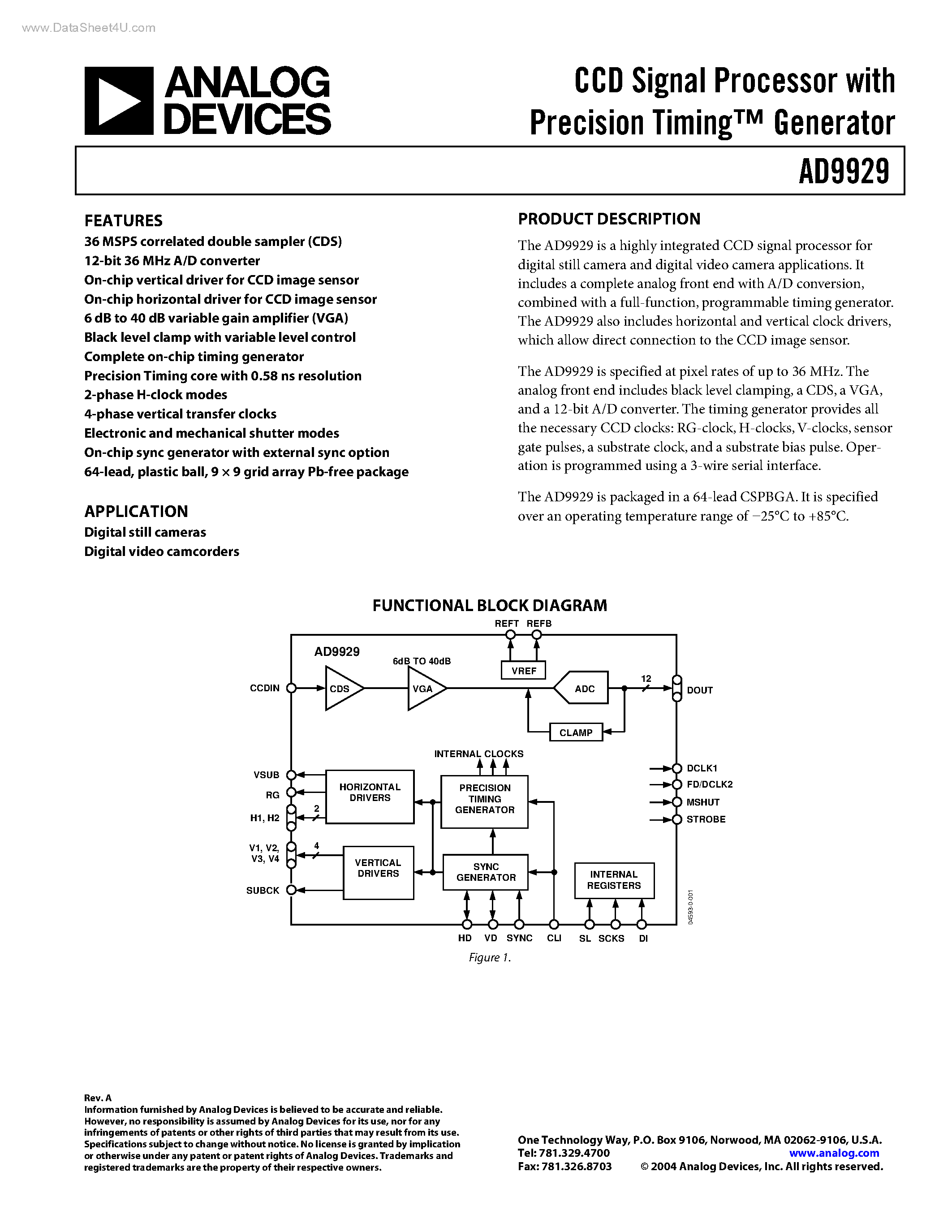 Datasheet AD9929 page 1 Datasheet AD9929 - CCD Signal Processor page 1