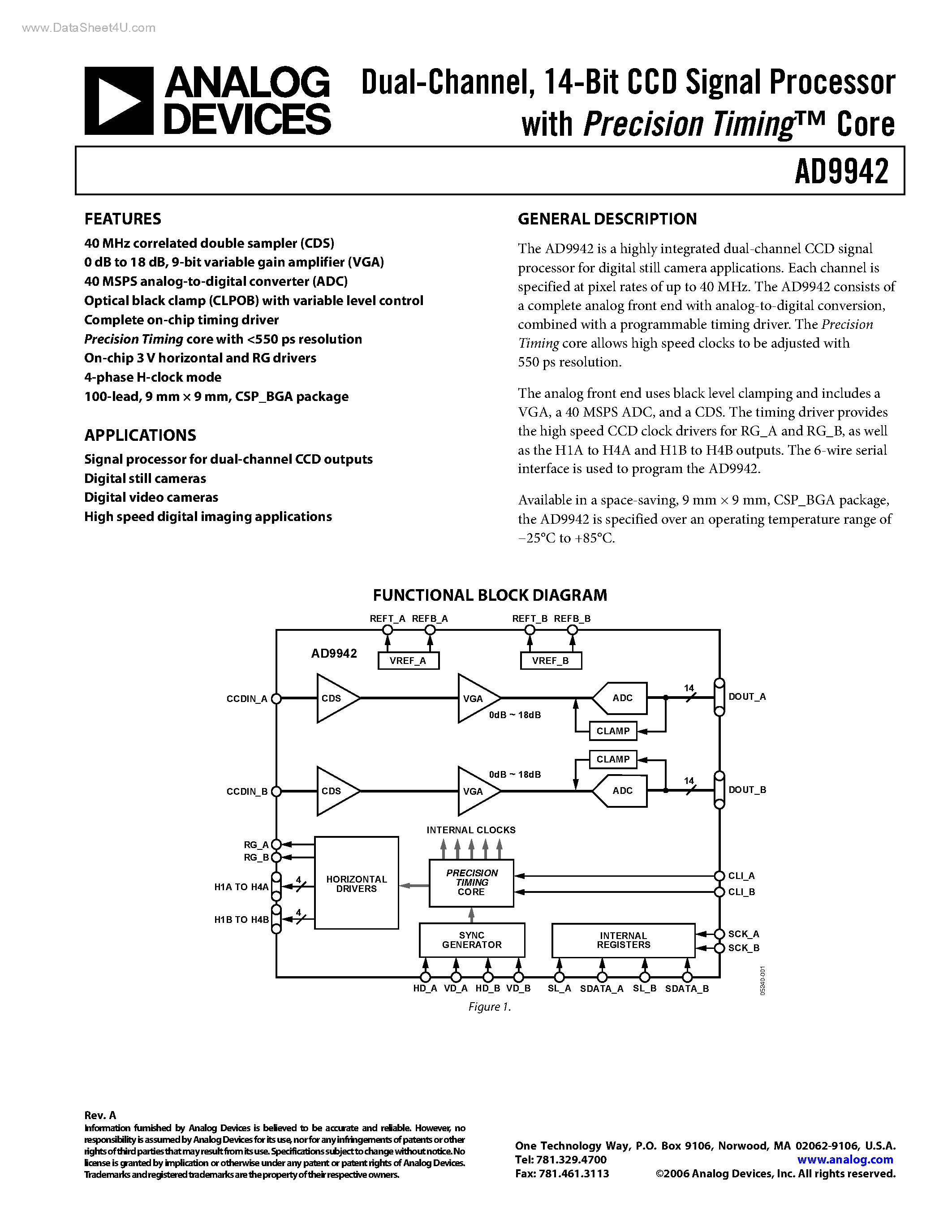 Datasheet AD9942 page 1 Datasheet AD9942 - 14-Bit CCD Signal Processor page 1