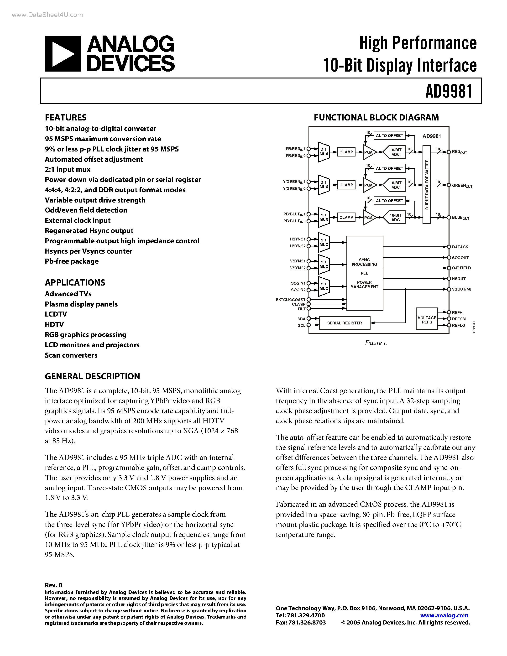 Datasheet AD9981 page 1 Datasheet AD9981 - High Performance 10-Bit Display Interface page 1