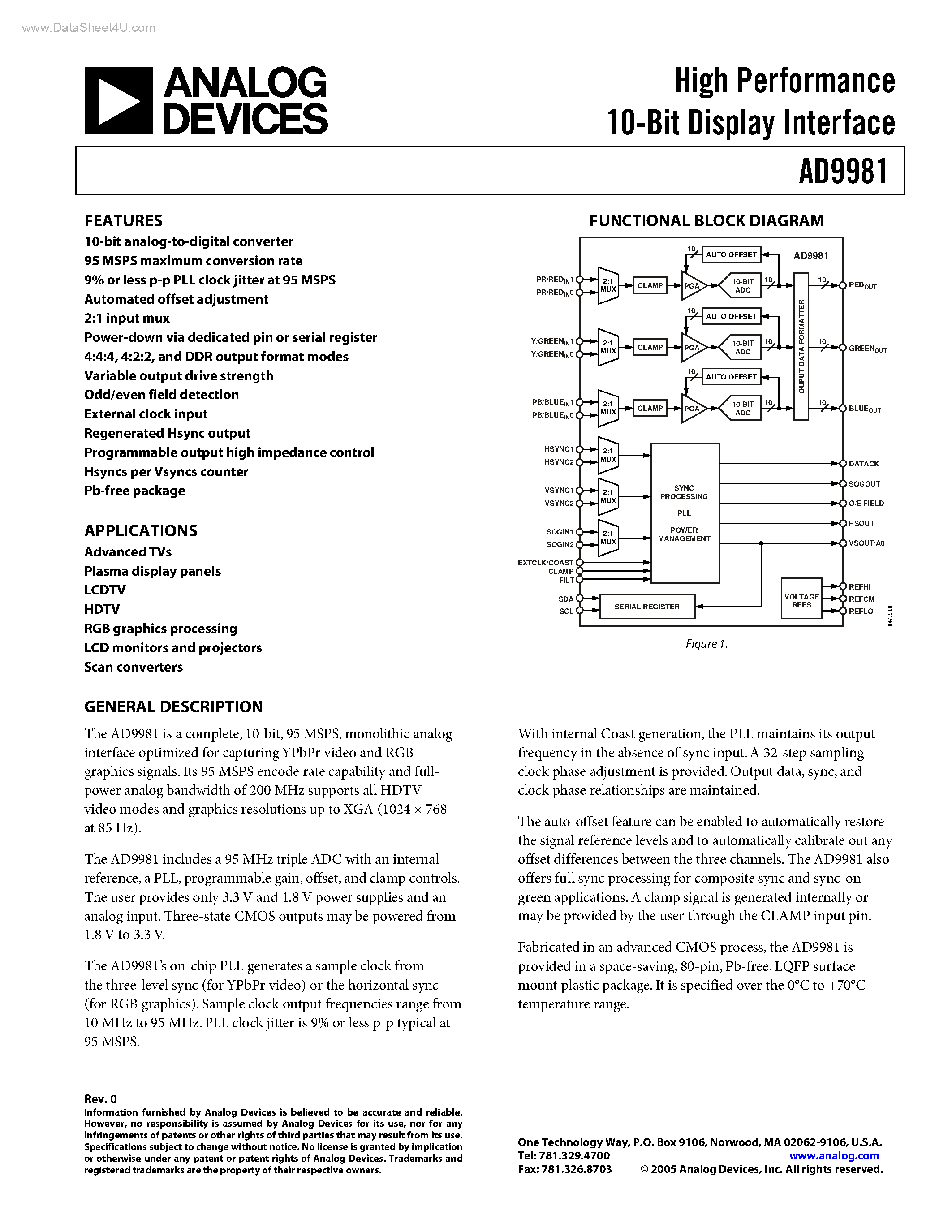 Даташит AD9981 - High Performance 10-Bit Display Interface страница 1