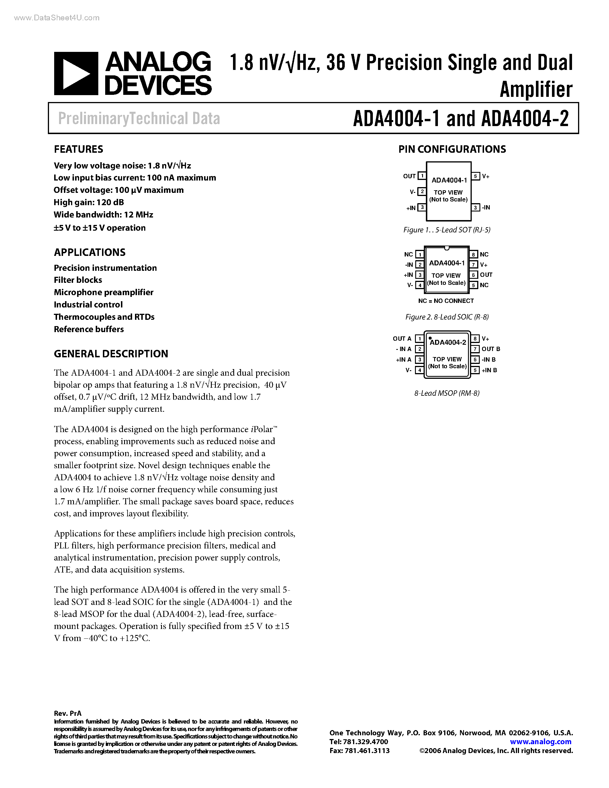 Datasheet ADA4004-1 - (ADA4004-1/-2) Precision Single and Dual Amplifier page 1