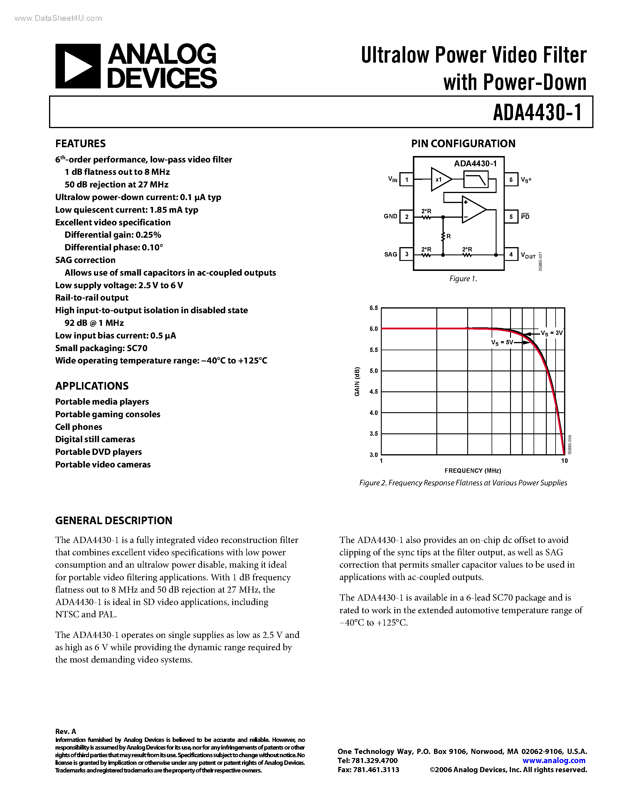 Datasheet ADA4430-1 page 1 Datasheet ADA4430-1 - Ultralow Power Video Filter page 1