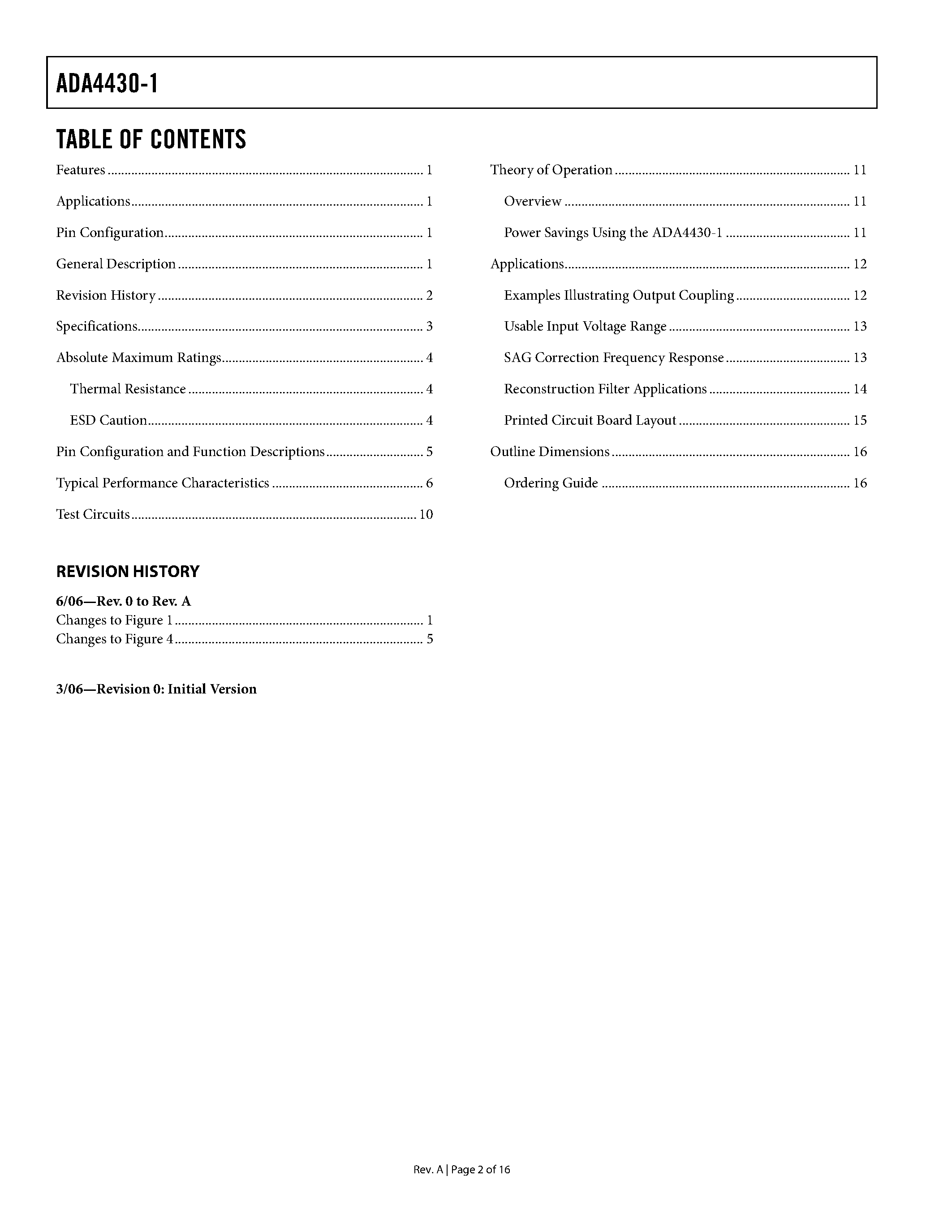 Datasheet ADA4430-1 page 2 Datasheet ADA4430-1 - Ultralow Power Video Filter page 2