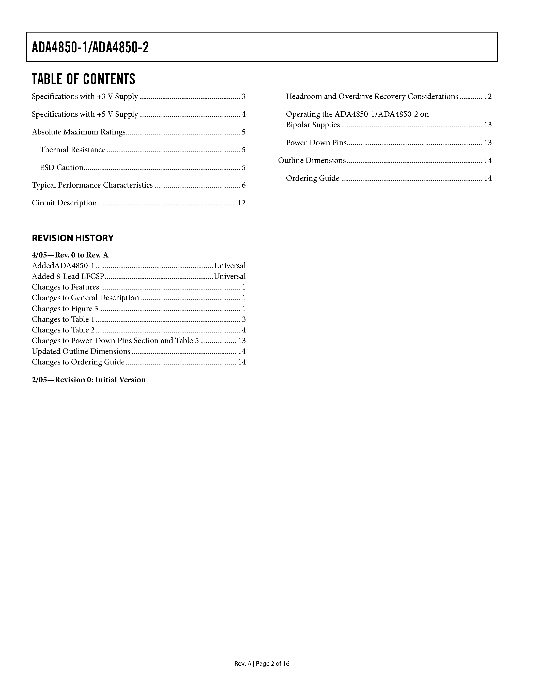 Datasheet ADA4850-1 - (ADA4850-1/-2) Op Amp page 2