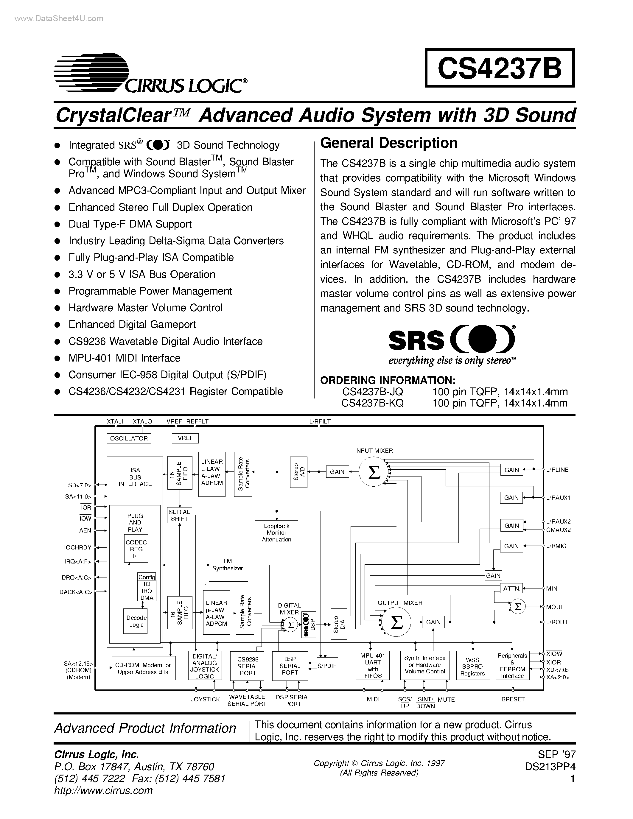 Datasheet CS4237B - CrystalClear Advanced Audio System page 1