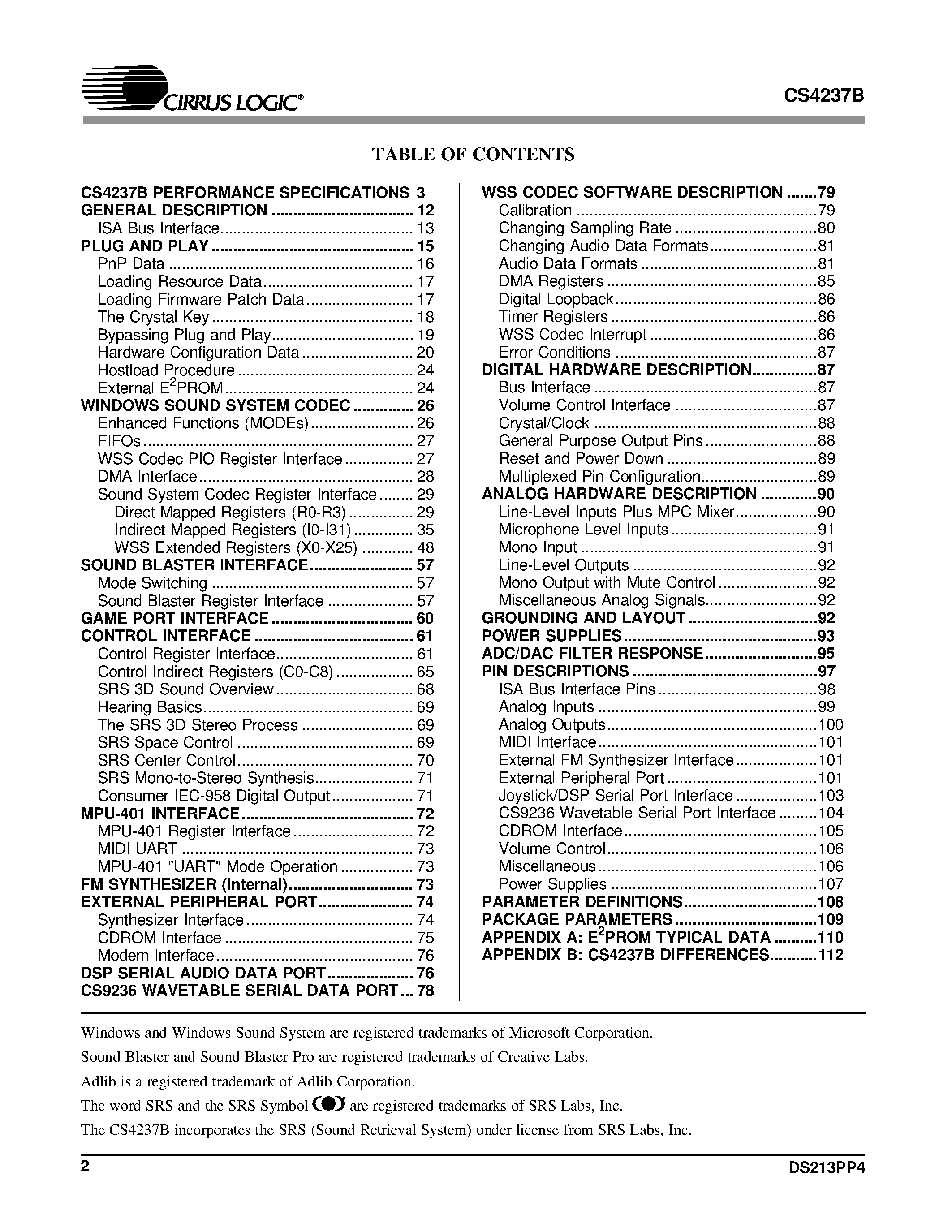 Datasheet CS4237B - CrystalClear Advanced Audio System page 2