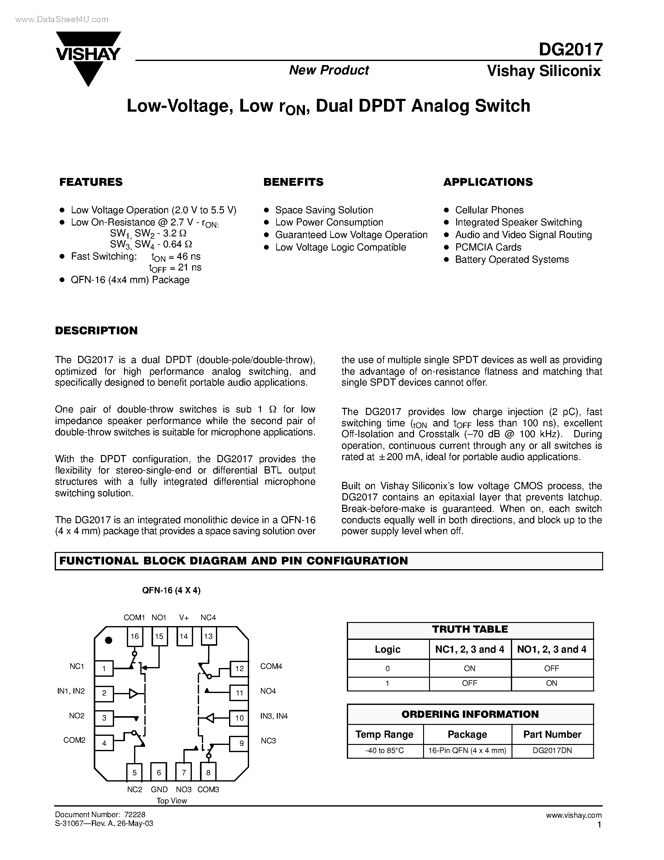 Даташит на микросхему DG2017 страница 1 Даташит DG2017 - Dual DPDT Analog Switch страница 1