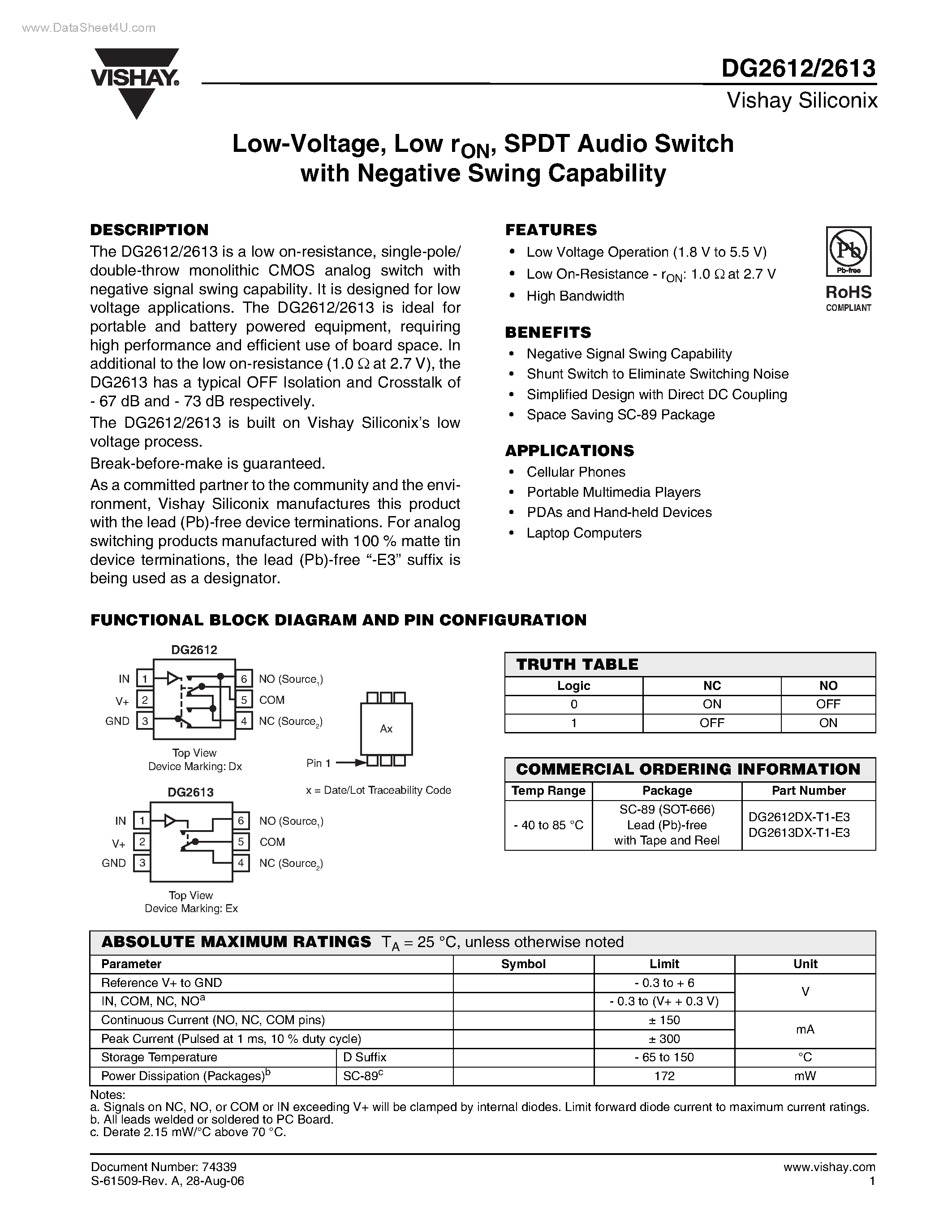 Даташит DG2612 - (DG2612 / DG2613) SPDT Audio Switch страница 1